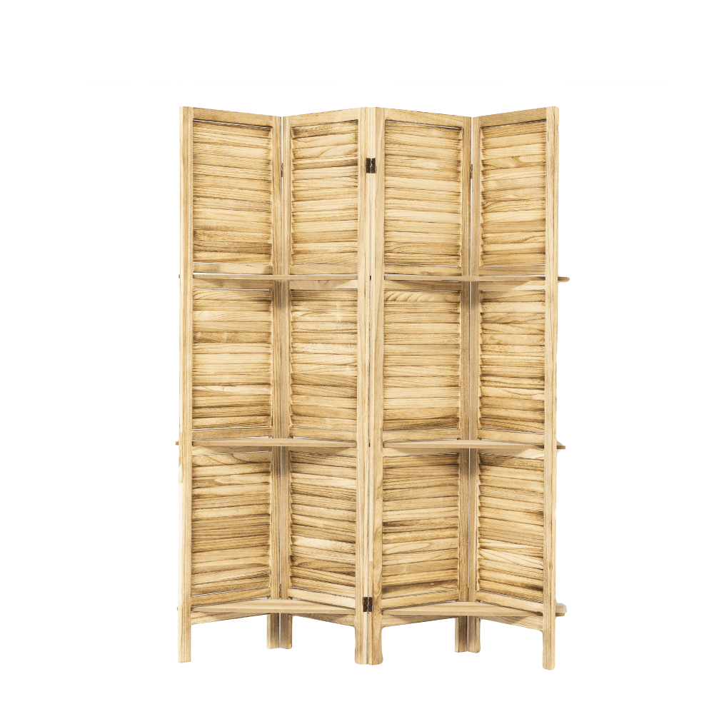 Natural Wood 4 Panel Room Divider With Shelves For Stylish Space Partitioning And Display
