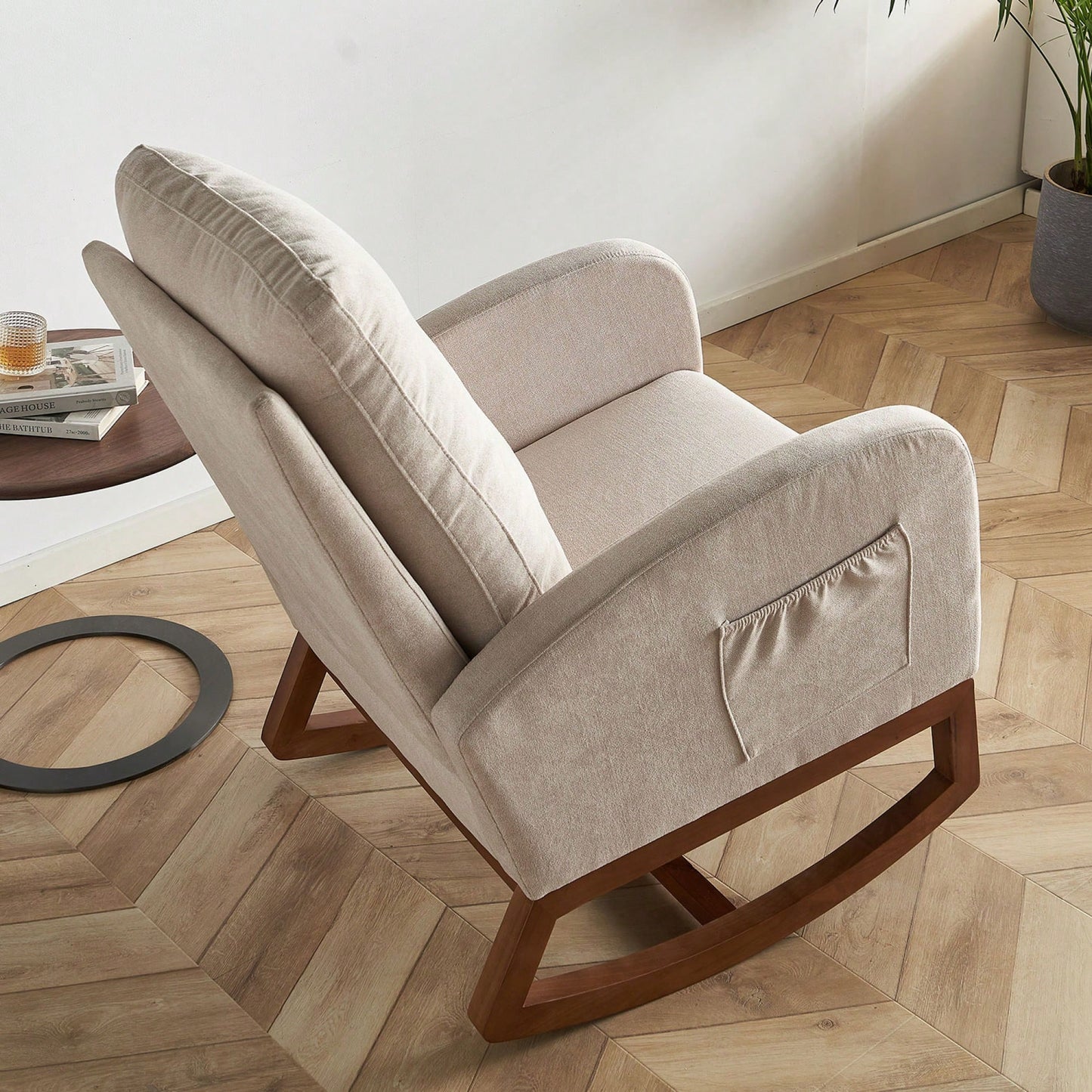 Beige Linen Rocking Chair 27.56 Inch Wide Accent Chair For Living Room And Nursery