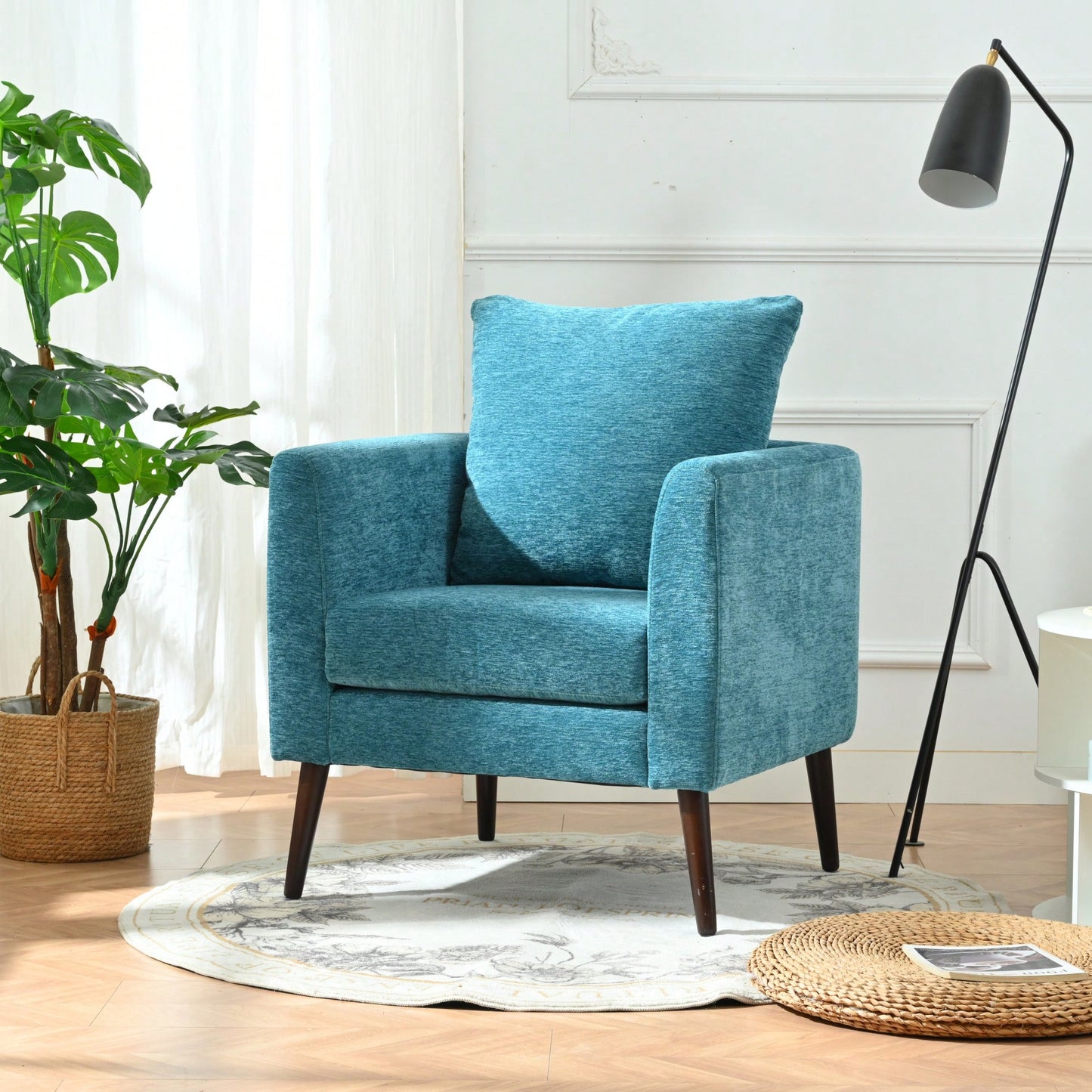 Teal Boucle Accent Chair With Solid Wood Legs And Padded Waist Pillow For Living Room Bedroom Study Or Waiting Room