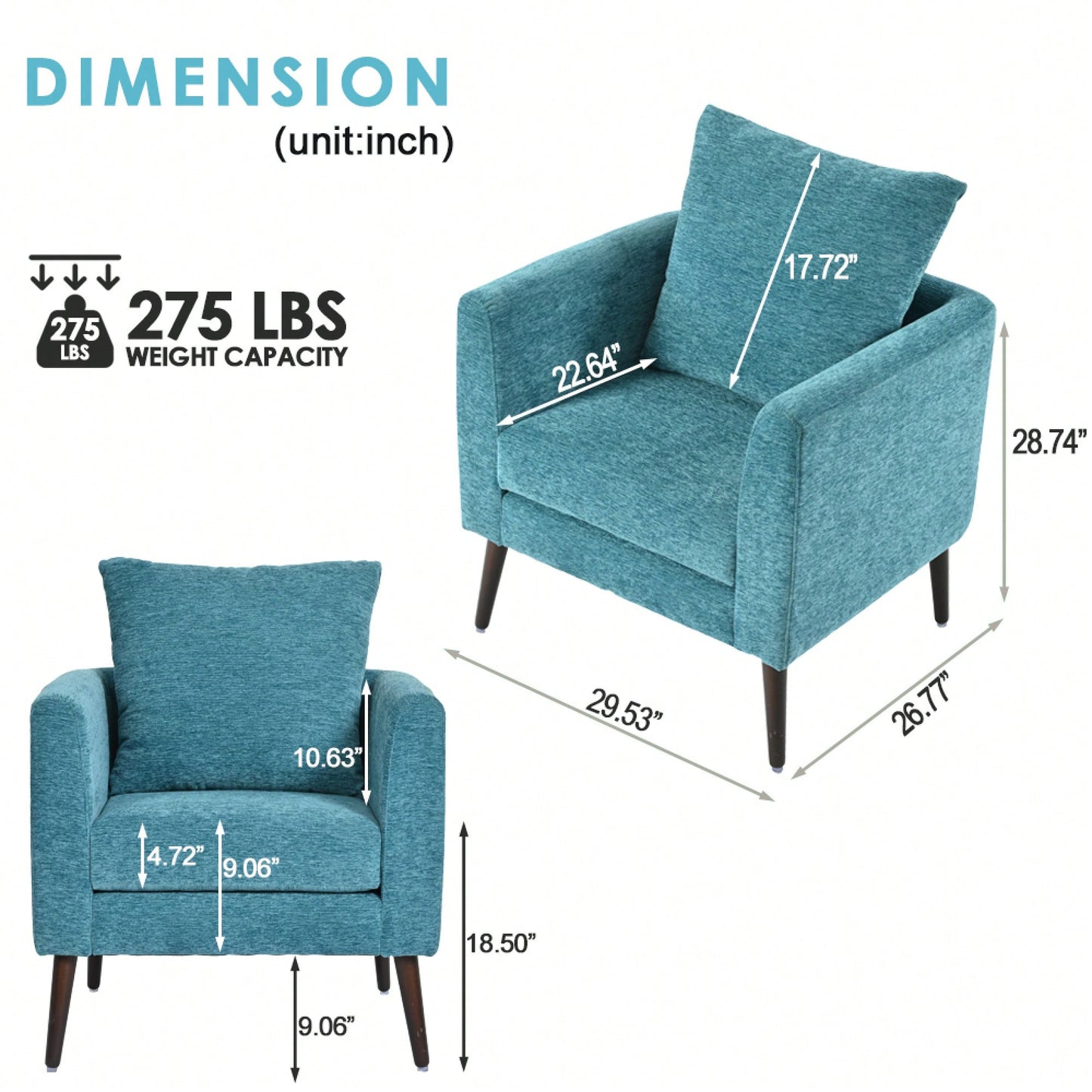 Teal Boucle Accent Chair With Solid Wood Legs And Padded Waist Pillow For Living Room Bedroom Study Or Waiting Room