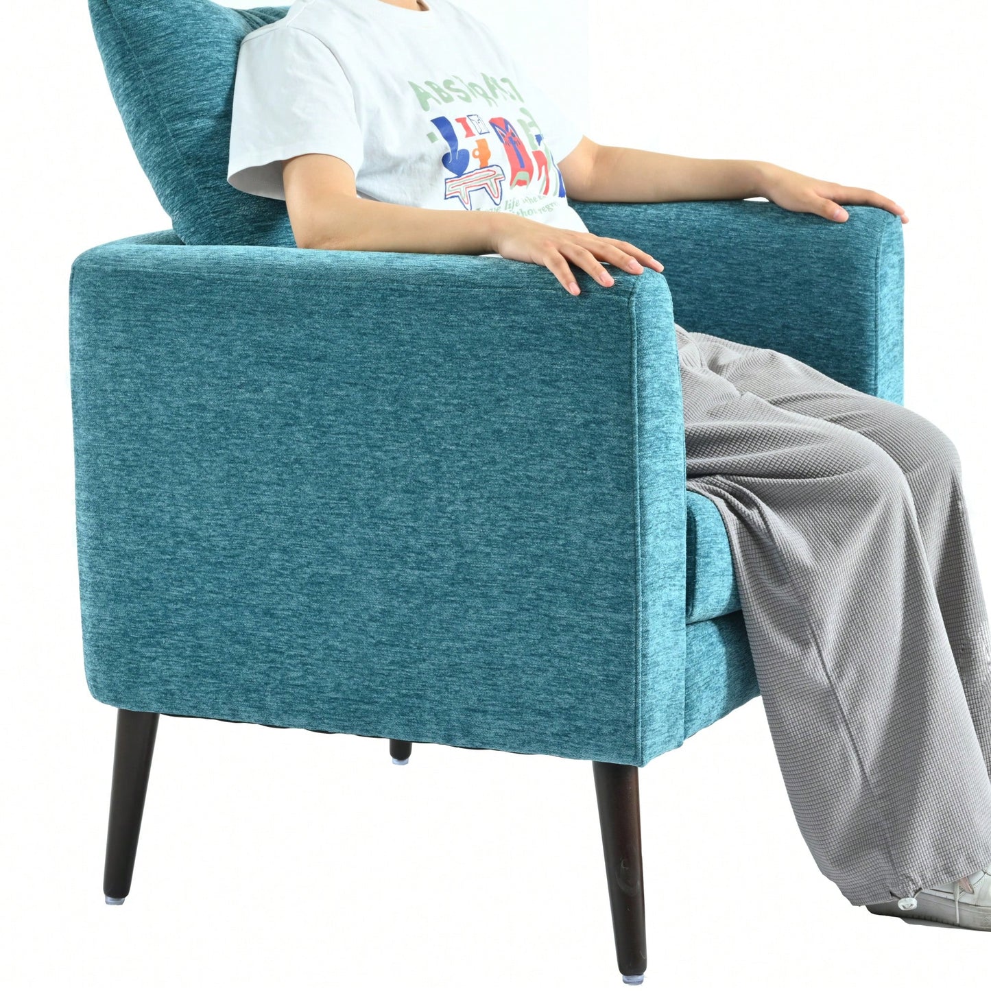Teal Boucle Accent Chair With Solid Wood Legs And Padded Waist Pillow For Living Room Bedroom Study Or Waiting Room