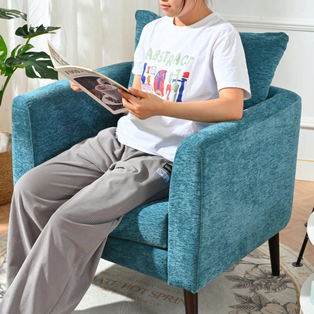 Teal Boucle Accent Chair With Solid Wood Legs And Padded Waist Pillow For Living Room Bedroom Study Or Waiting Room