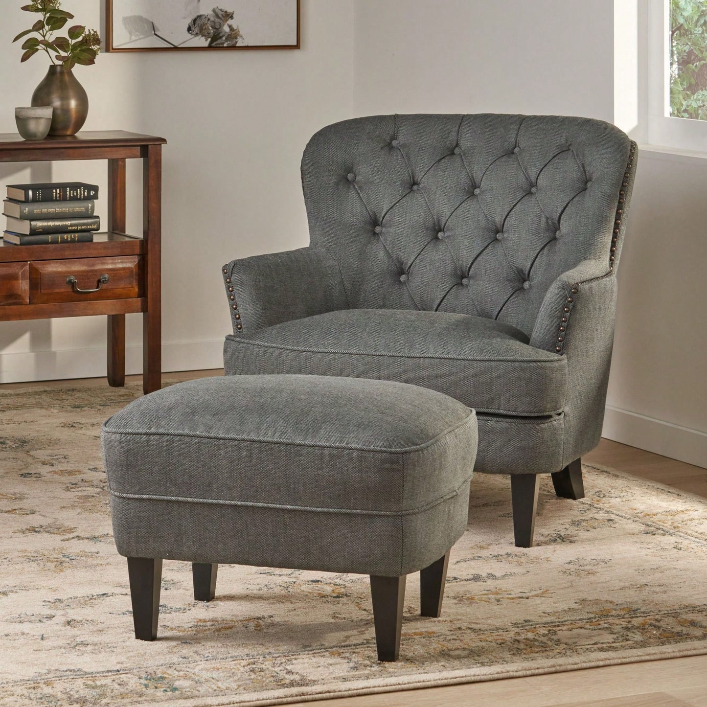 Stylish Light Grey Upholstered Club Chair And Ottoman Set For Modern Living Room Comfort And Elegance