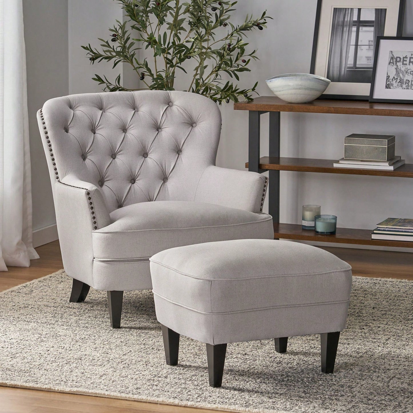 Stylish Light Grey Upholstered Club Chair And Ottoman Set For Modern Living Room Comfort And Elegance