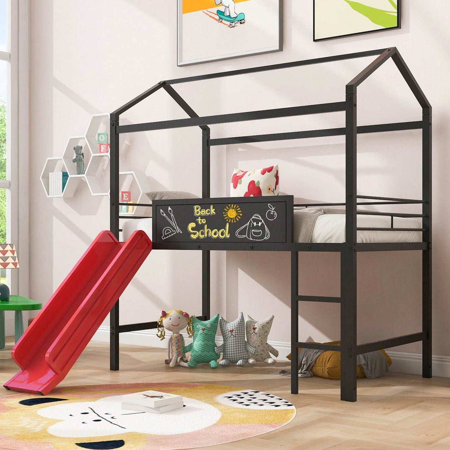 Twin Size Metal Loft Bed With Slide And Double-Sided Writable Wooden Board In White