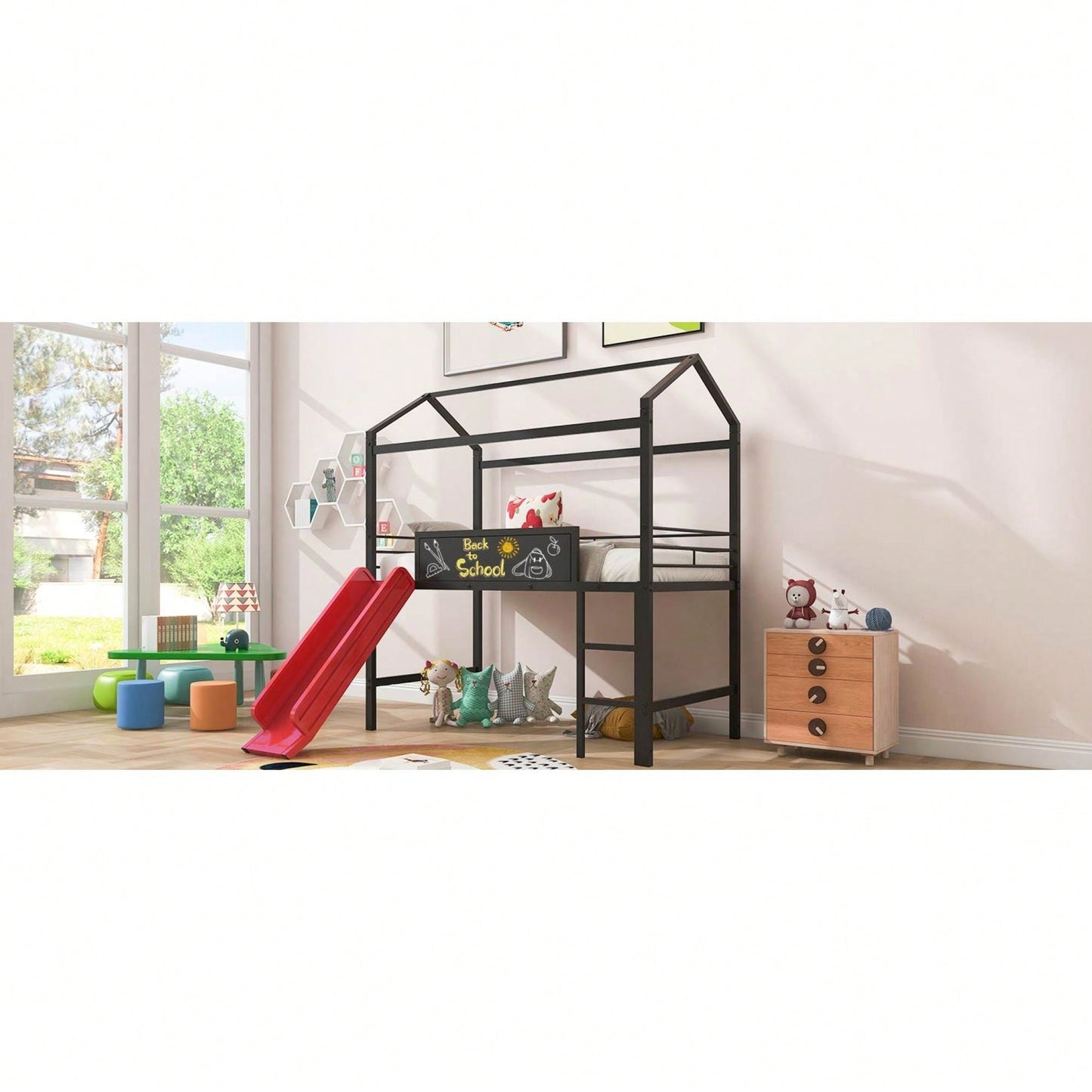 Twin Size Metal Loft Bed With Slide And Double-Sided Writable Wooden Board In White