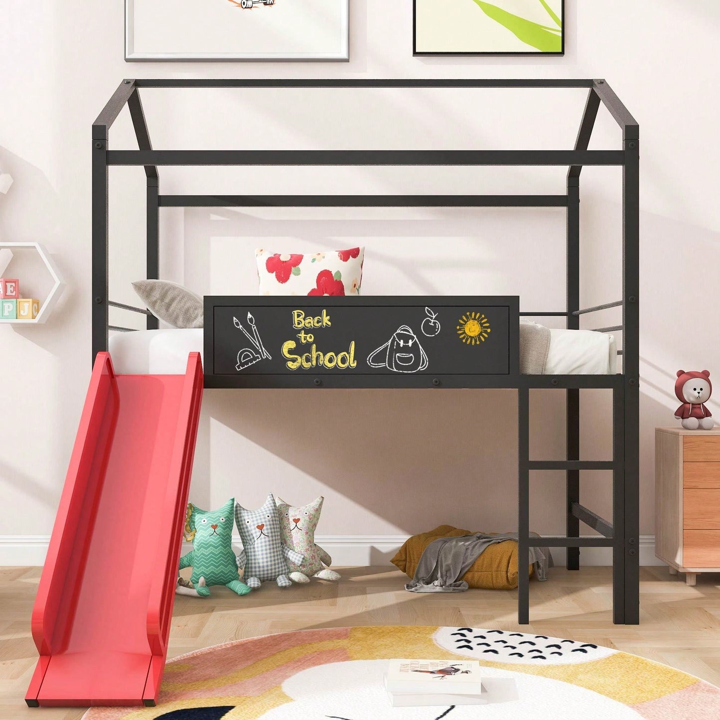 Twin Size Metal Loft Bed With Slide And Double-Sided Writable Wooden Board In White