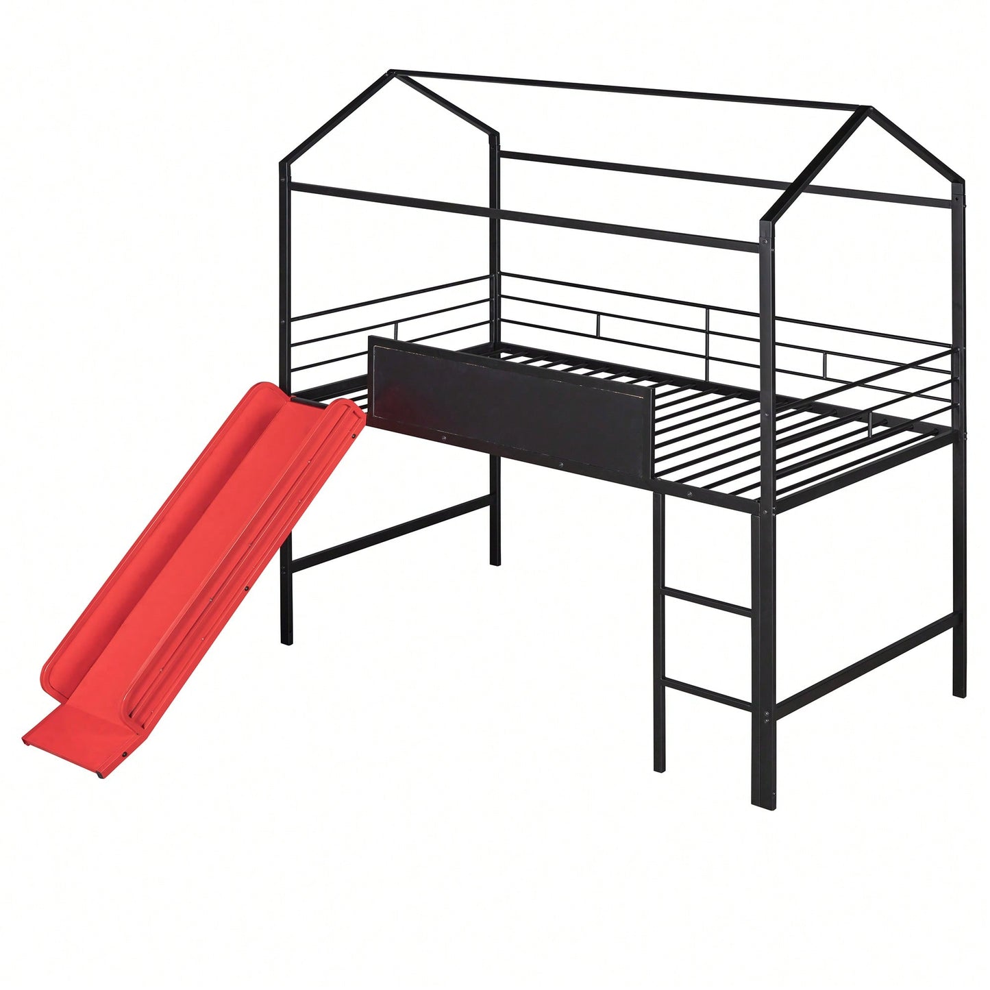 Twin Size Metal Loft Bed With Slide And Double-Sided Writable Wooden Board In White