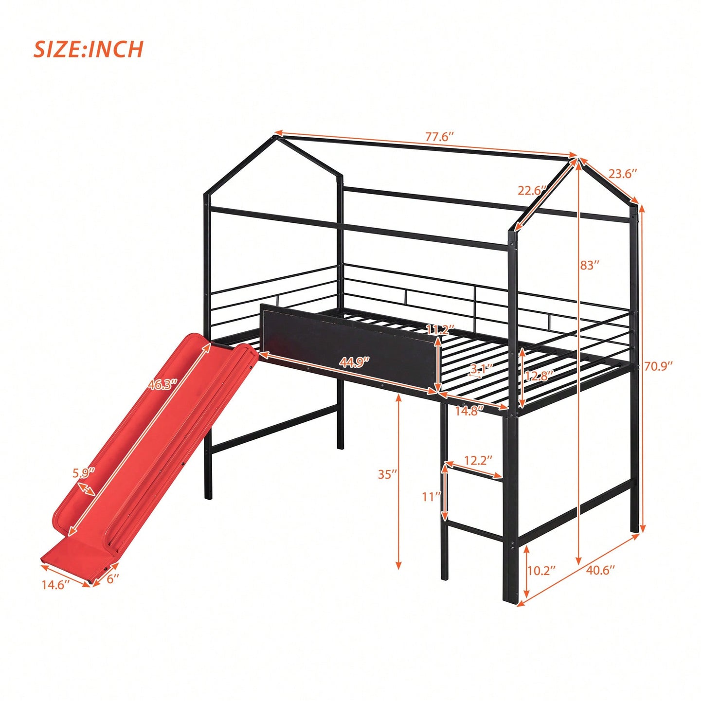 Twin Size Metal Loft Bed With Slide And Double-Sided Writable Wooden Board In White