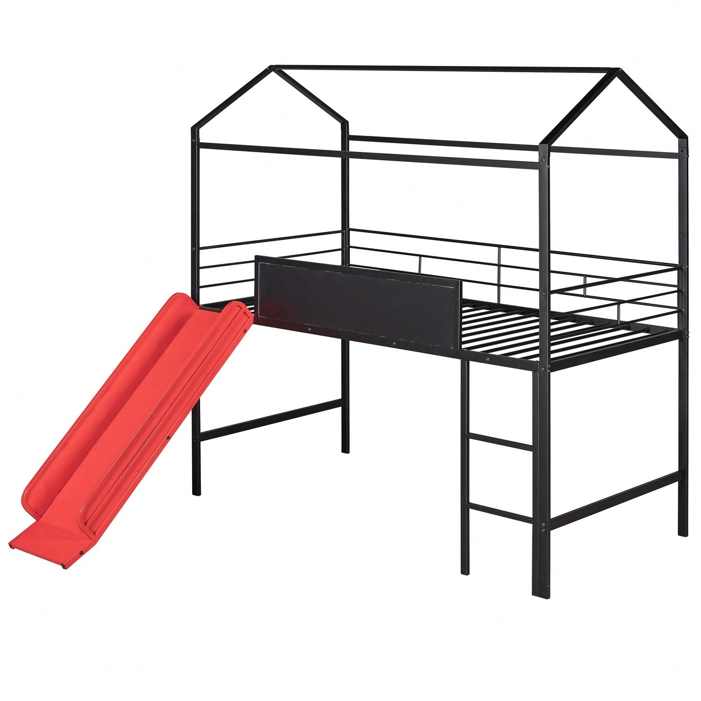 Twin Size Metal Loft Bed With Slide And Double-Sided Writable Wooden Board In White