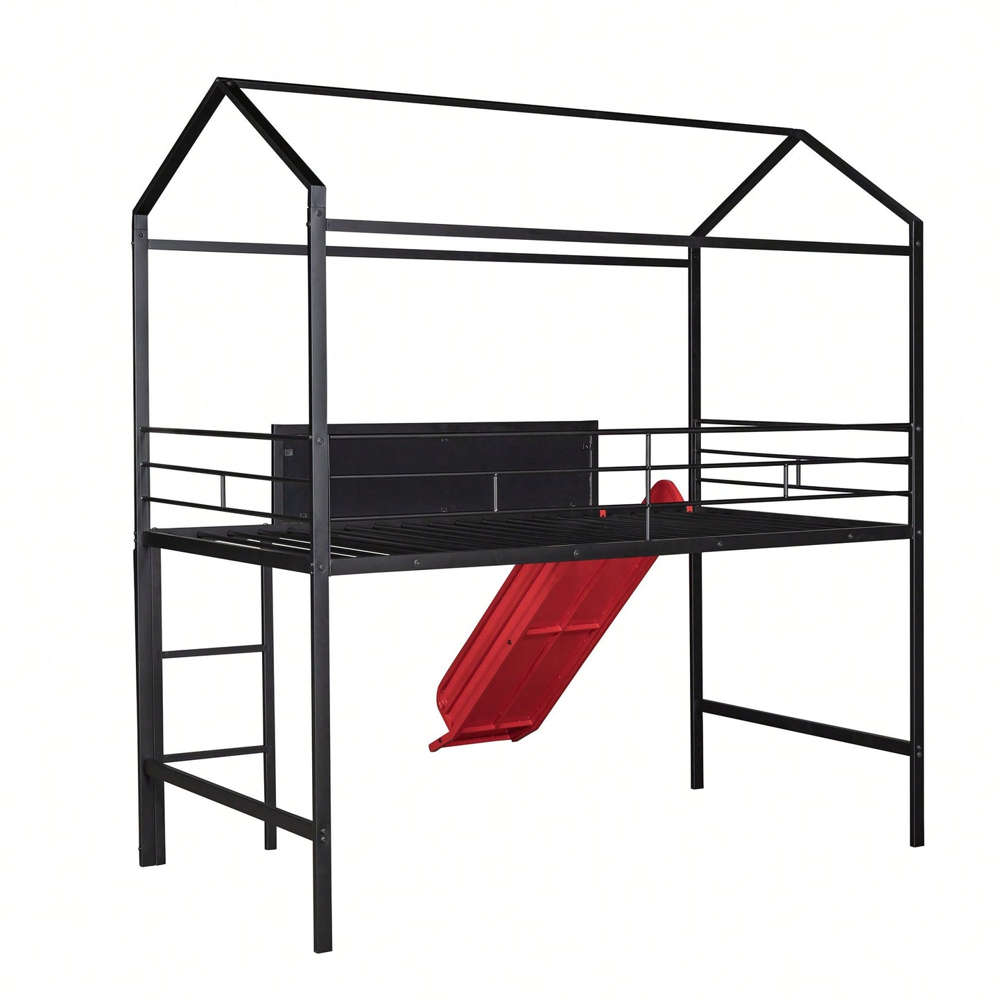 Twin Size Metal Loft Bed With Slide And Double-Sided Writable Wooden Board In White
