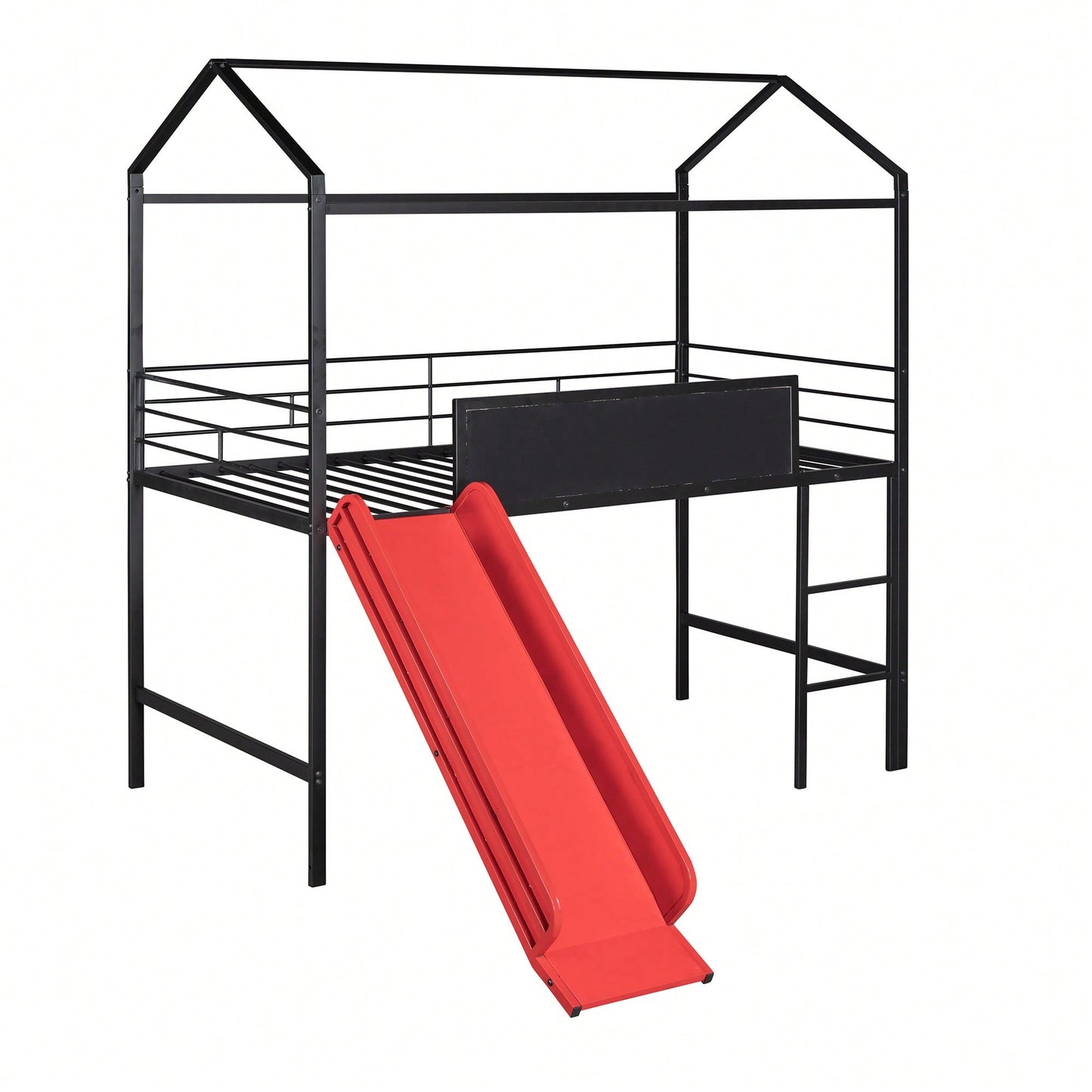 Twin Size Metal Loft Bed With Slide And Double-Sided Writable Wooden Board In White