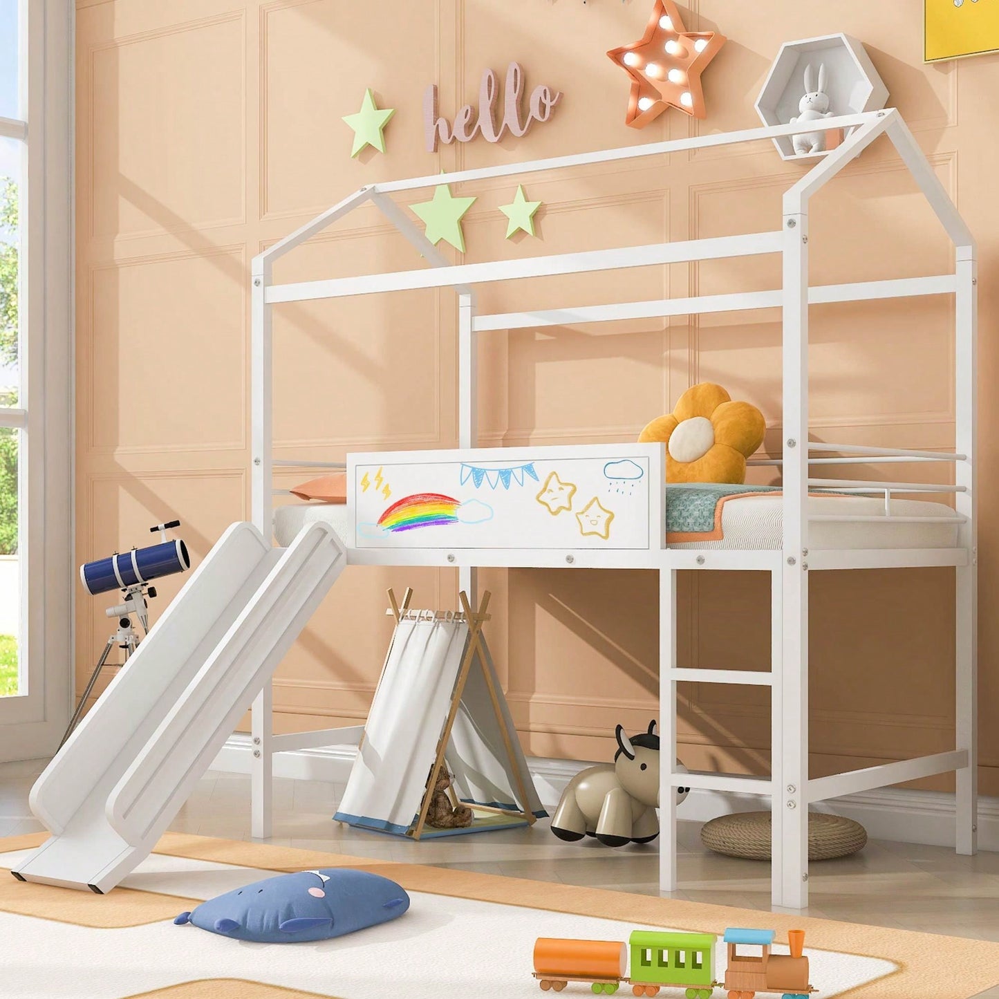 Twin Size Metal Loft Bed With Slide And Double-Sided Writable Wooden Board In White