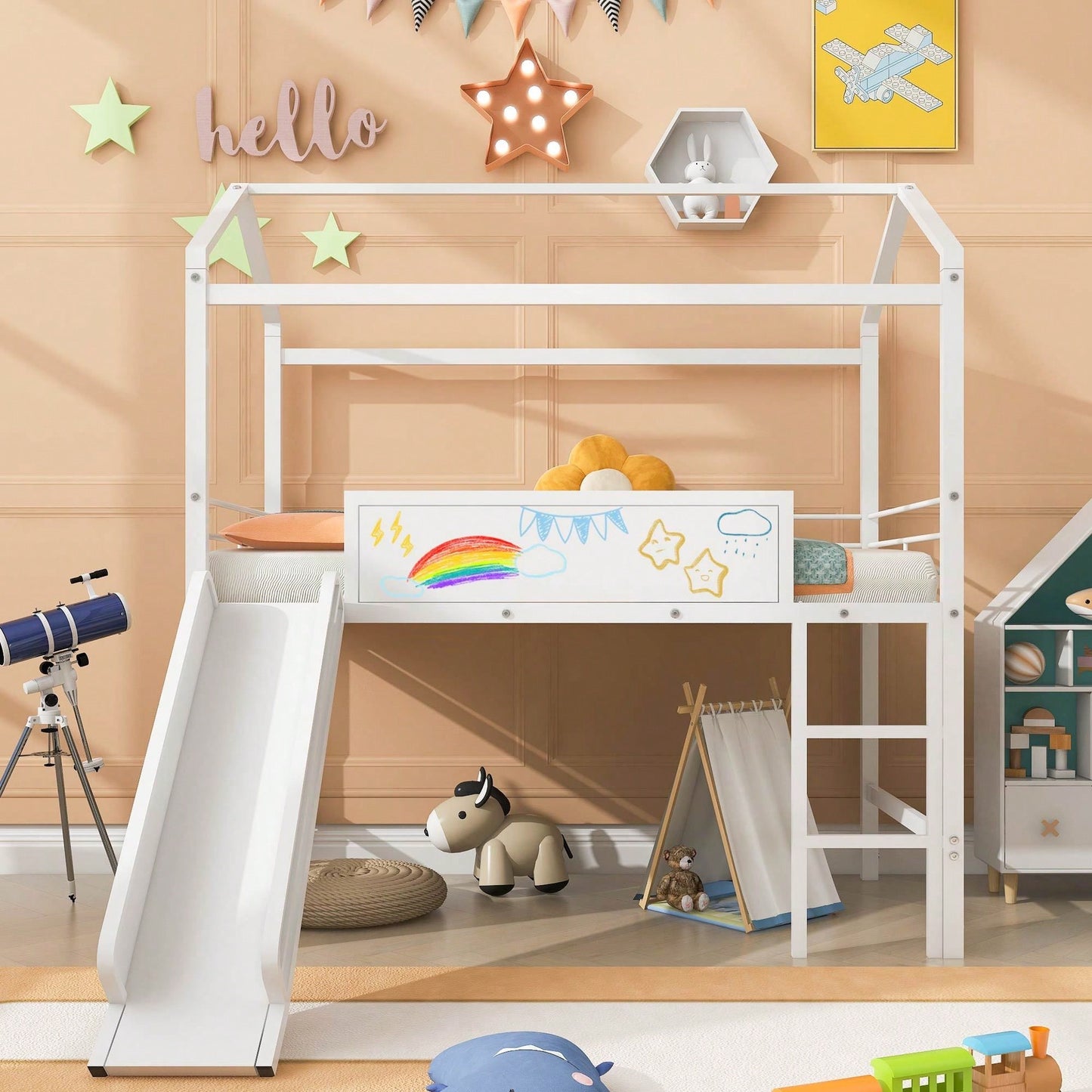 Twin Size Metal Loft Bed With Slide And Double-Sided Writable Wooden Board In White