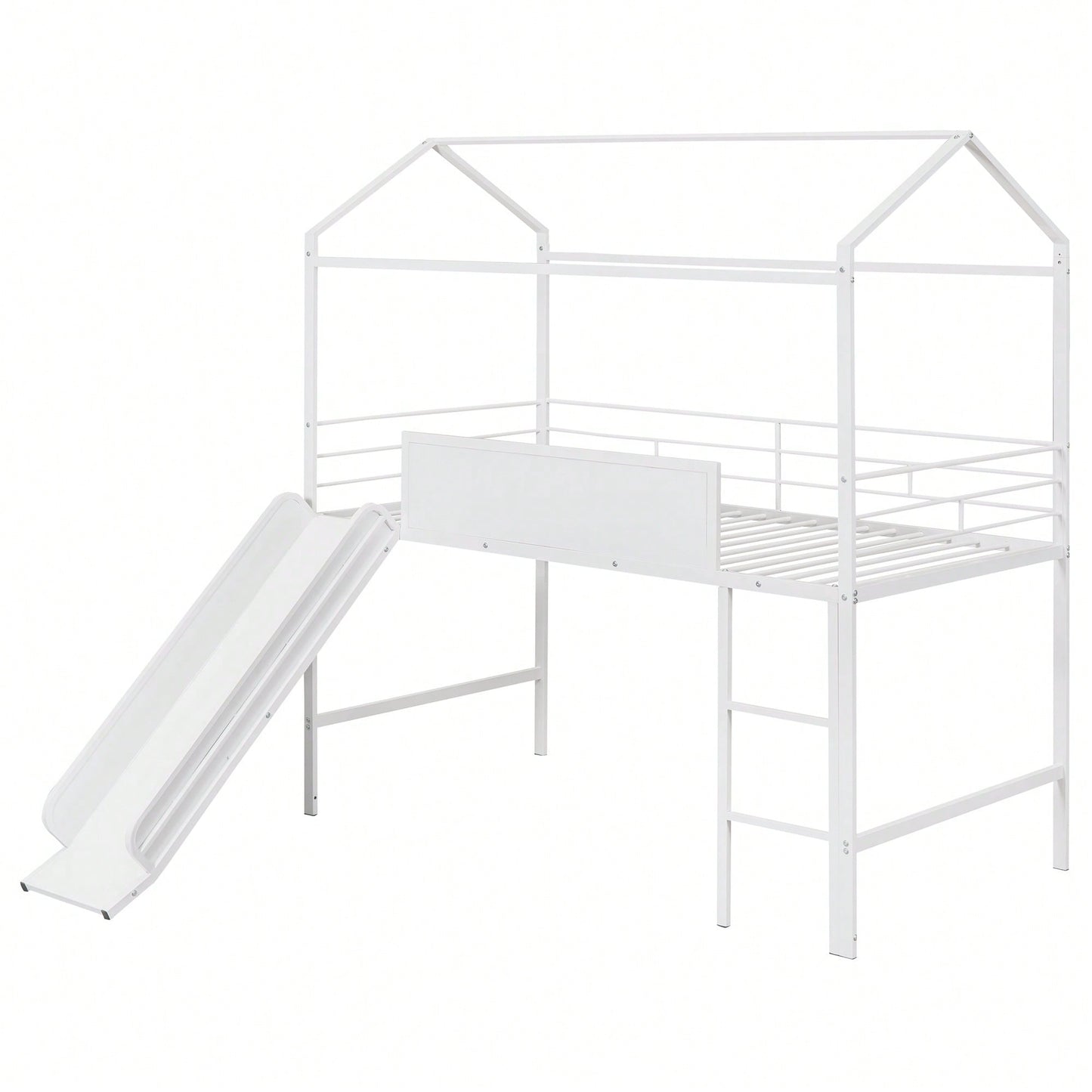 Twin Size Metal Loft Bed With Slide And Double-Sided Writable Wooden Board In White