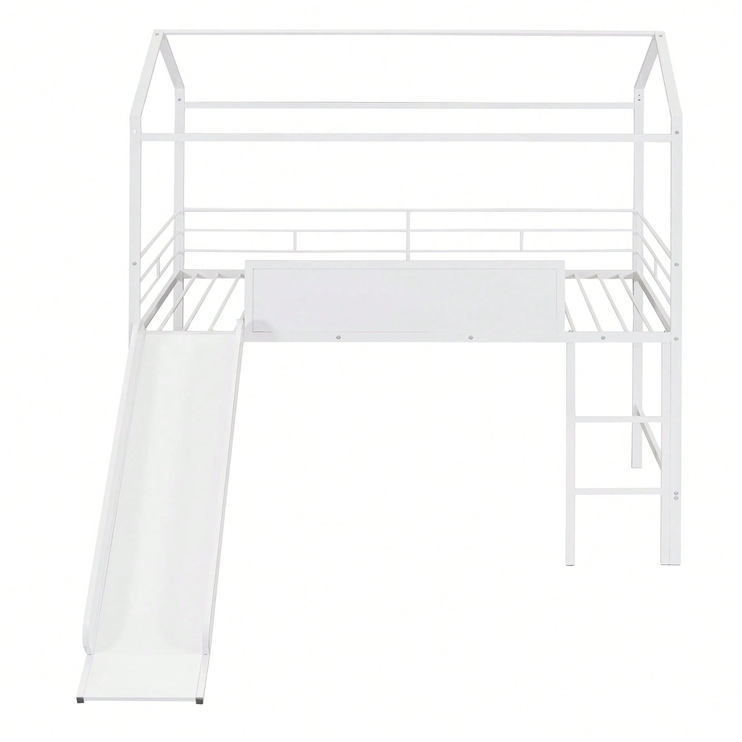 Twin Size Metal Loft Bed With Slide And Double-Sided Writable Wooden Board In White