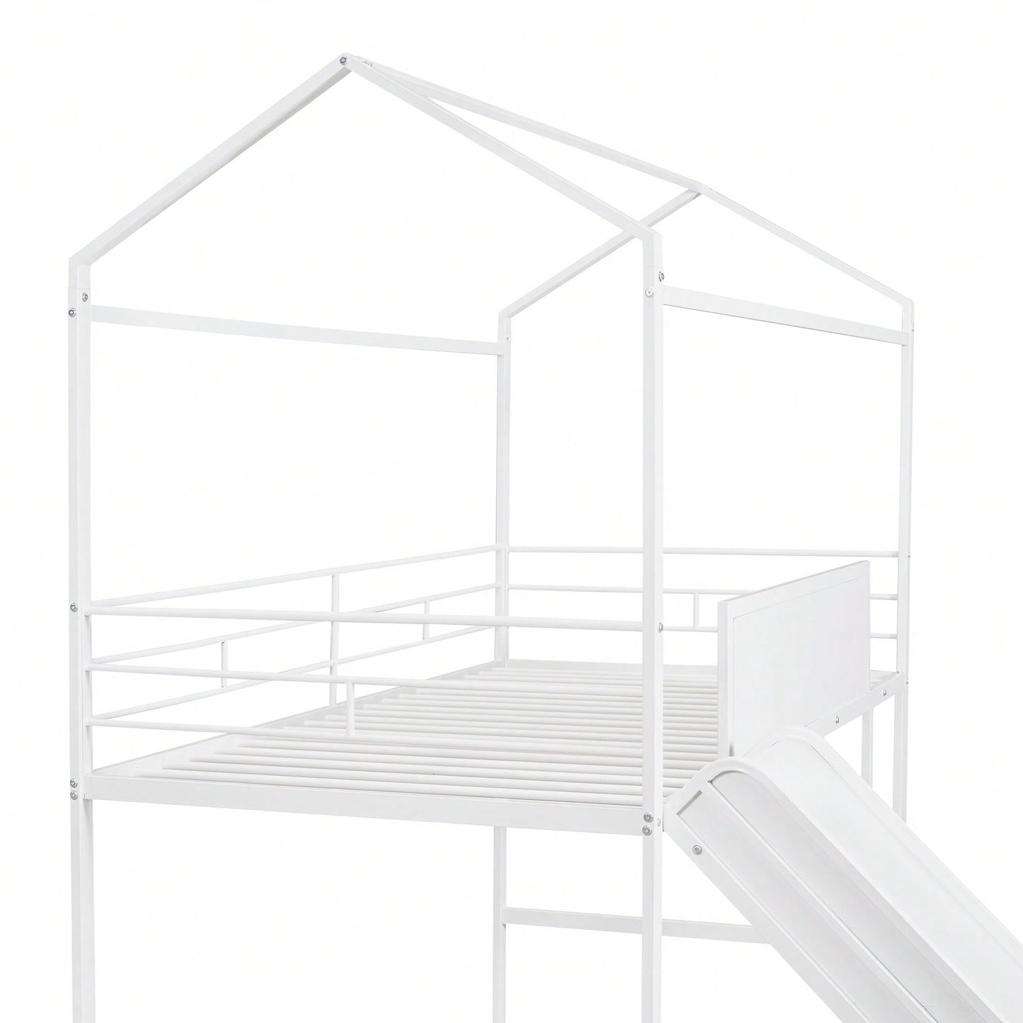 Twin Size Metal Loft Bed With Slide And Double-Sided Writable Wooden Board In White
