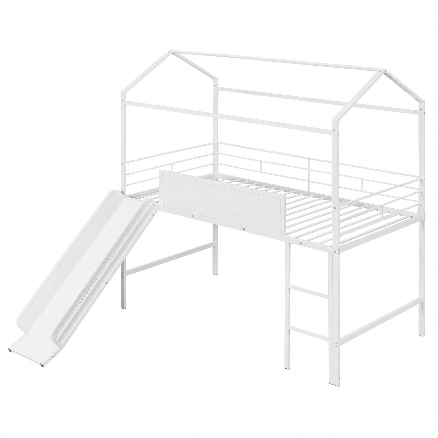 Twin Size Metal Loft Bed With Slide And Double-Sided Writable Wooden Board In White