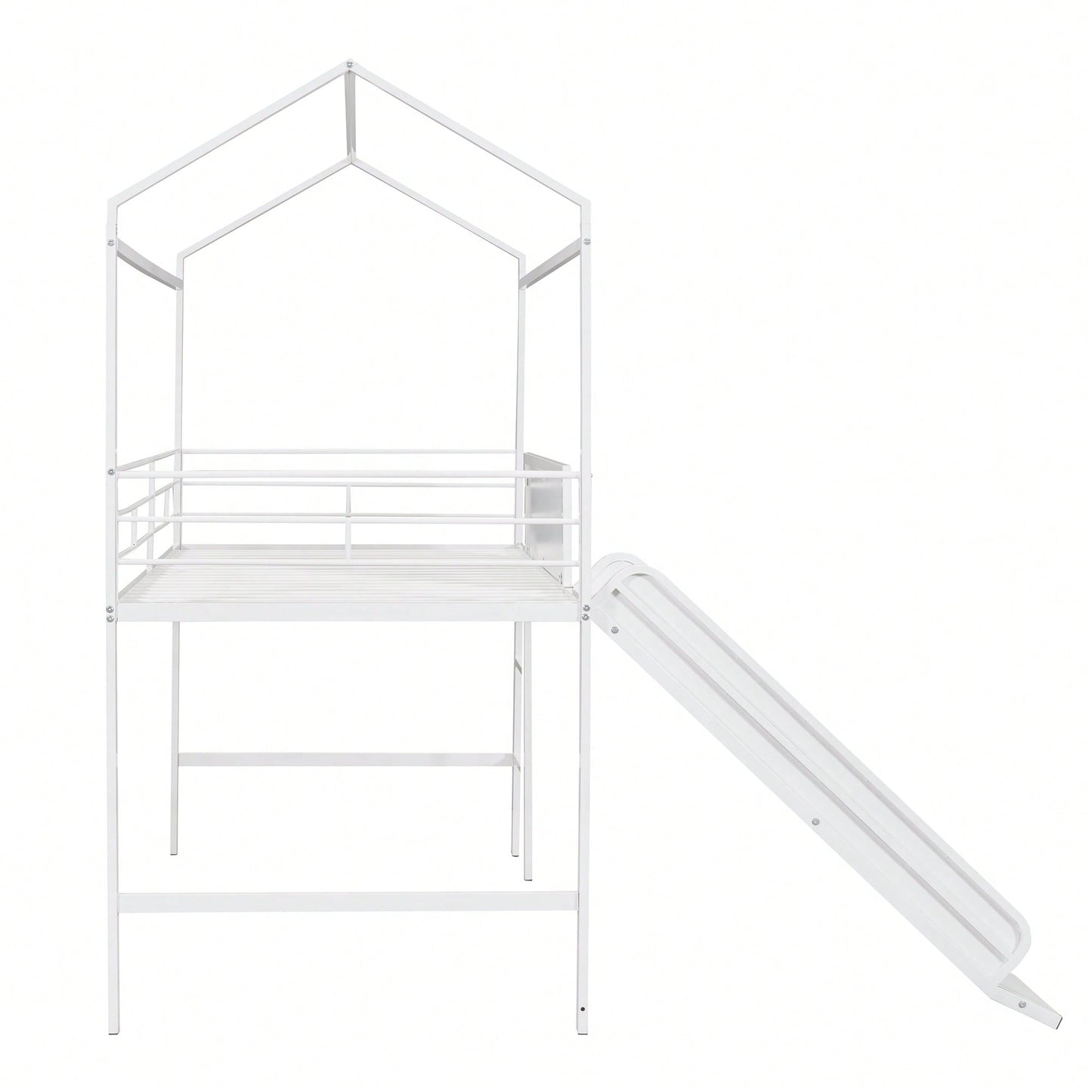 Twin Size Metal Loft Bed With Slide And Double-Sided Writable Wooden Board In White