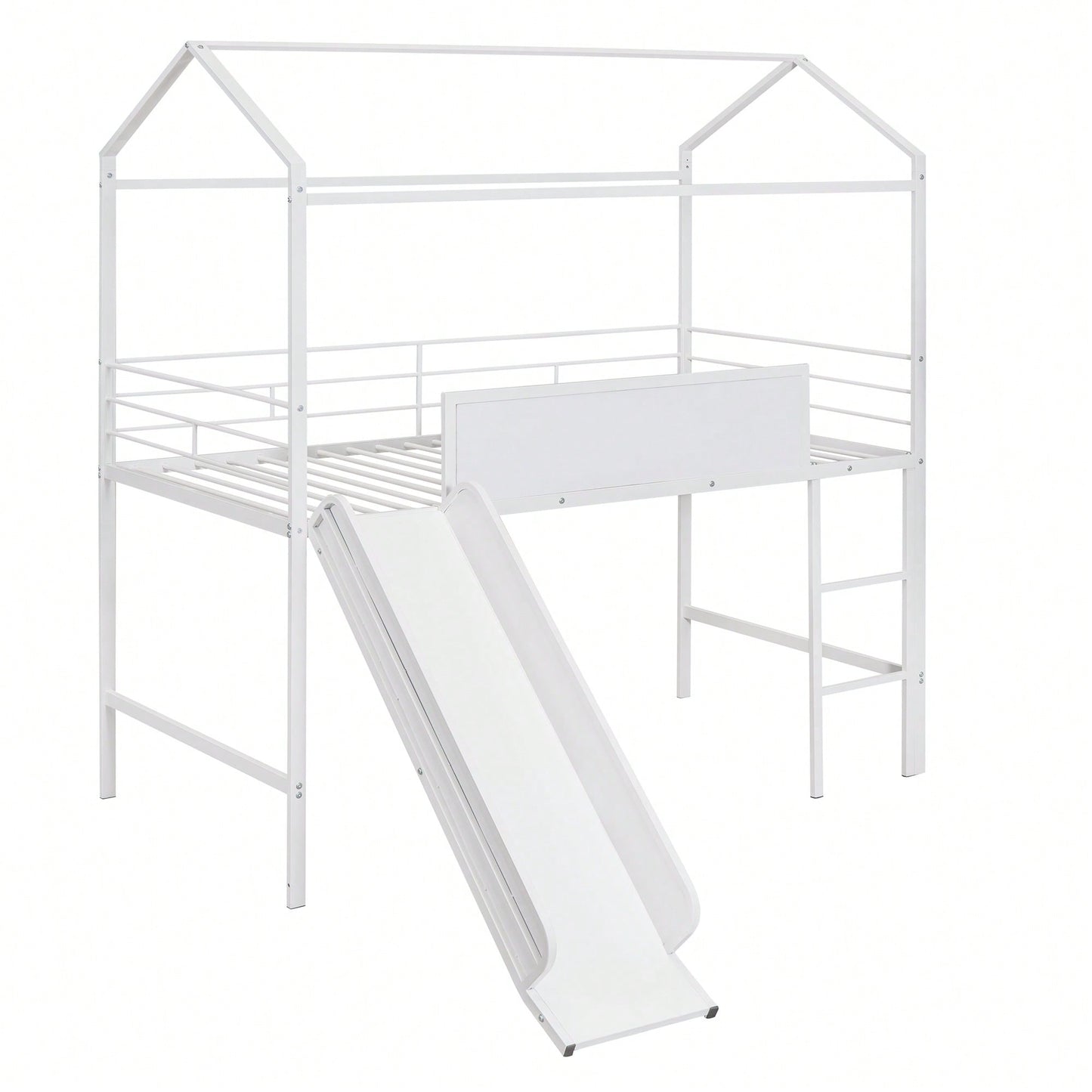 Twin Size Metal Loft Bed With Slide And Double-Sided Writable Wooden Board In White