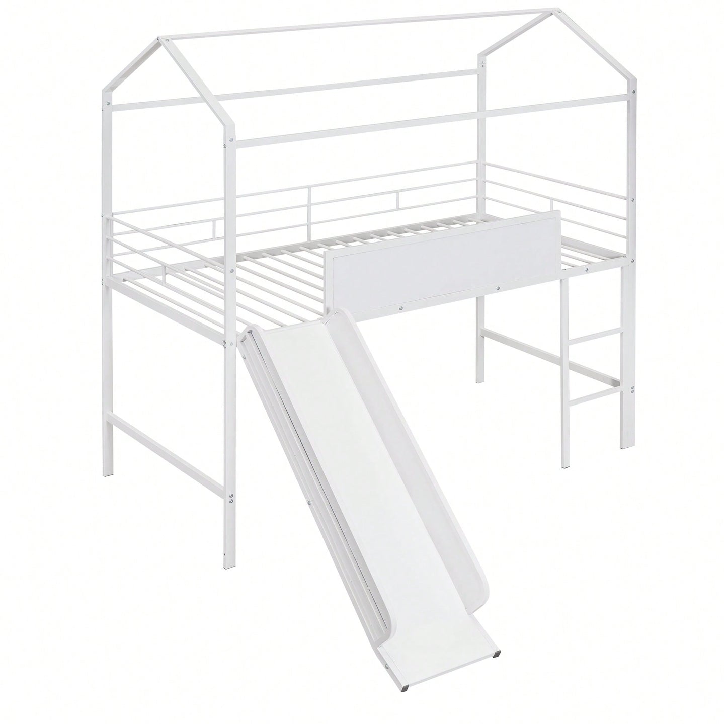 Twin Size Metal Loft Bed With Slide And Double-Sided Writable Wooden Board In White