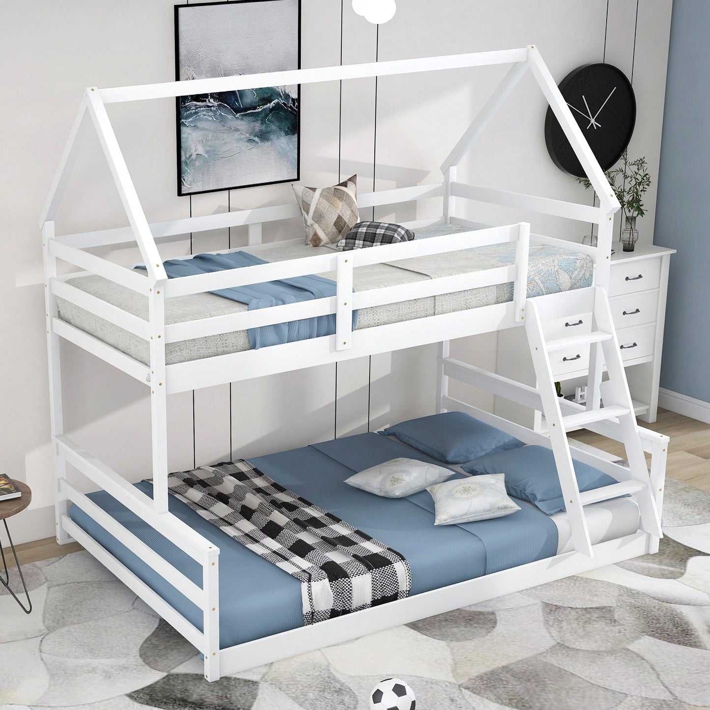 Gray Twin Over Full House Bunk Bed With Built-In Ladder For Space Saving And Stylish Bedroom Decor