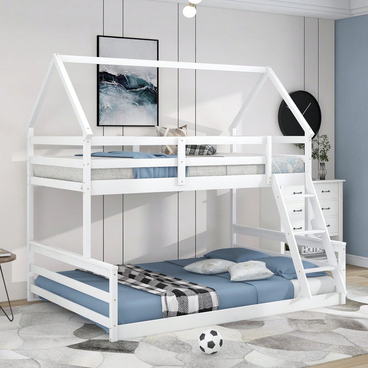 Gray Twin Over Full House Bunk Bed With Built-In Ladder For Space Saving And Stylish Bedroom Decor