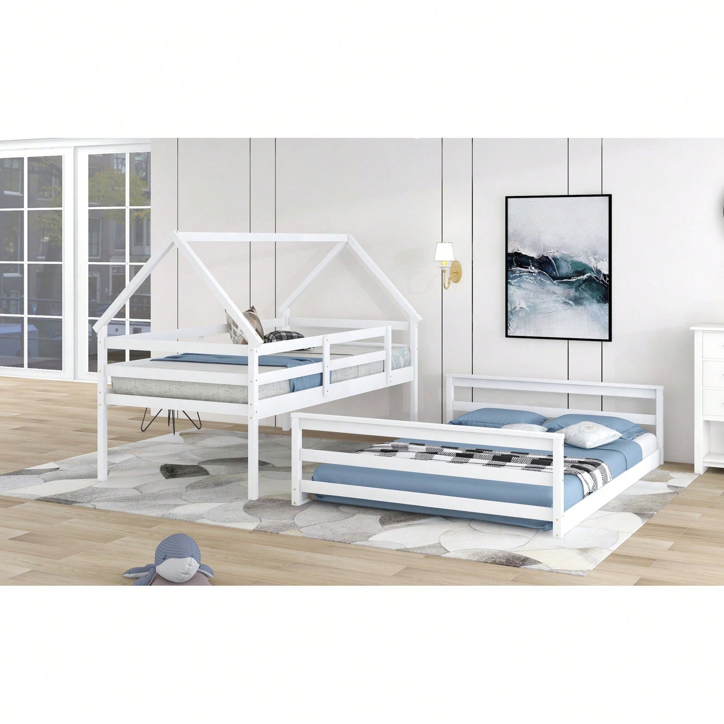 Gray Twin Over Full House Bunk Bed With Built-In Ladder For Space Saving And Stylish Bedroom Decor