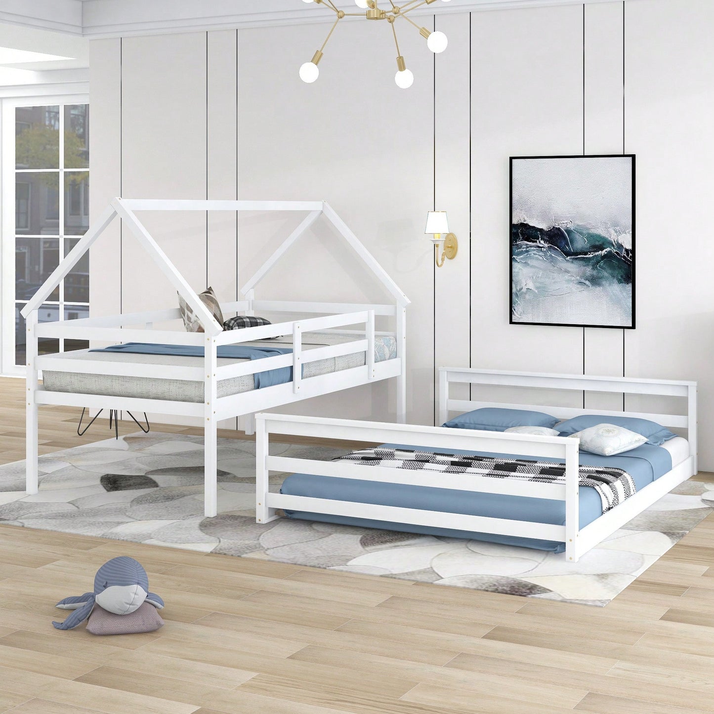 Gray Twin Over Full House Bunk Bed With Built-In Ladder For Space Saving And Stylish Bedroom Decor