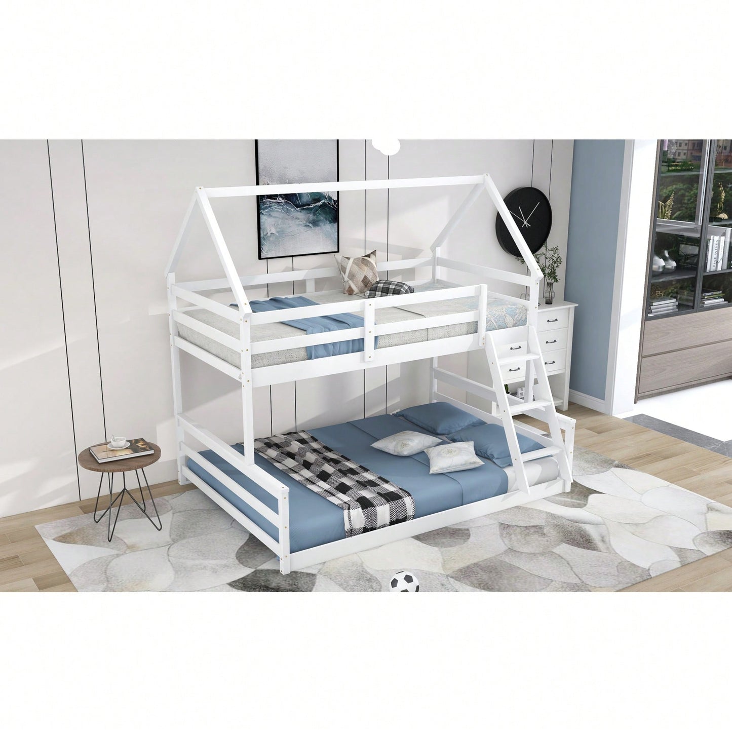 Gray Twin Over Full House Bunk Bed With Built-In Ladder For Space Saving And Stylish Bedroom Decor