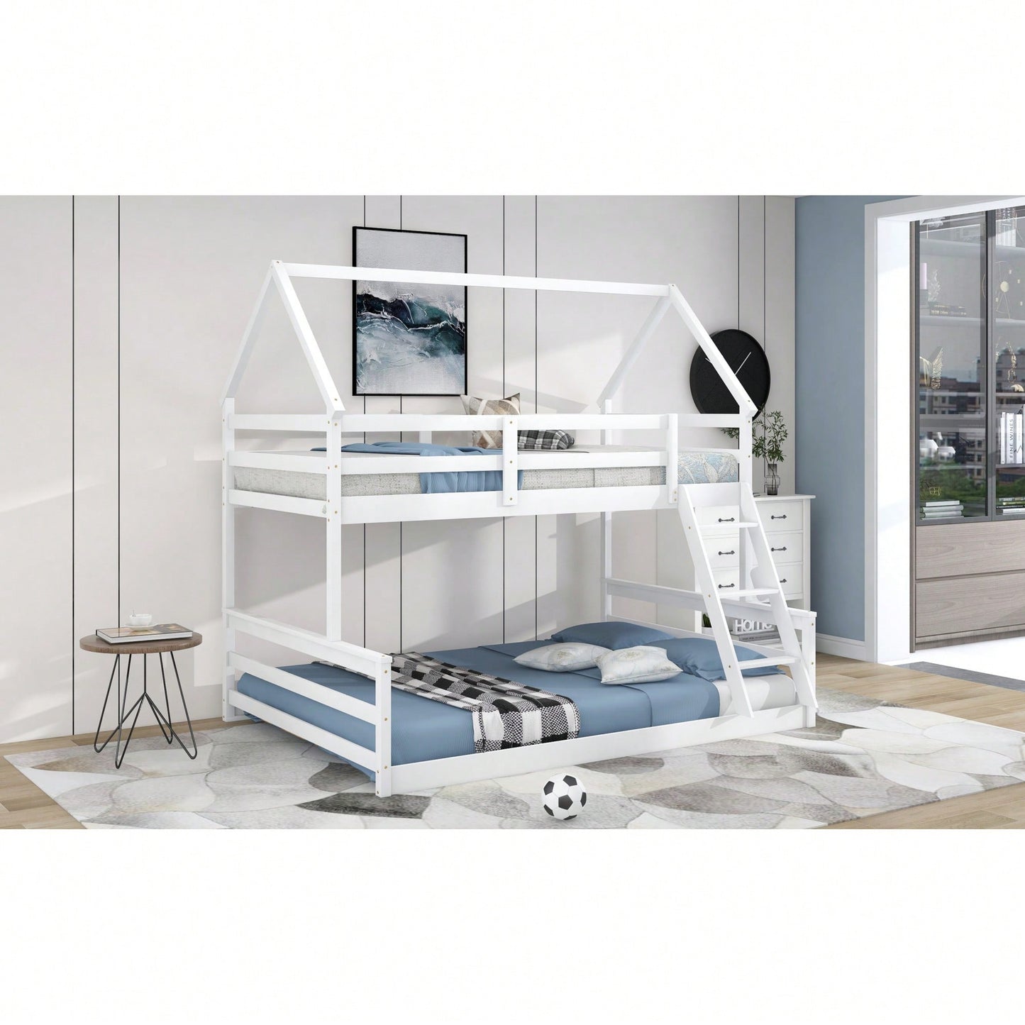 Gray Twin Over Full House Bunk Bed With Built-In Ladder For Space Saving And Stylish Bedroom Decor