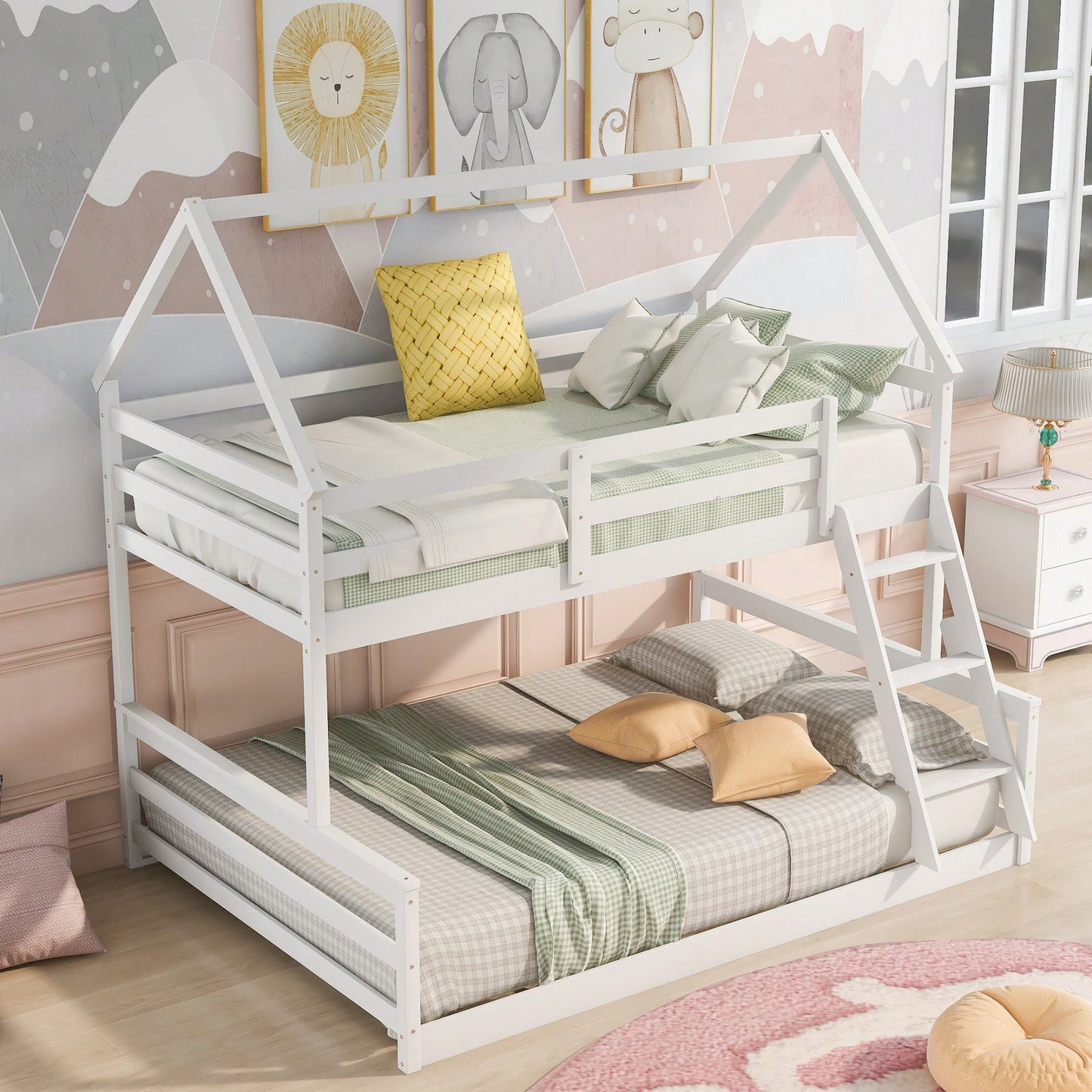 Gray Twin Over Full House Bunk Bed With Built-In Ladder For Space Saving And Stylish Bedroom Decor
