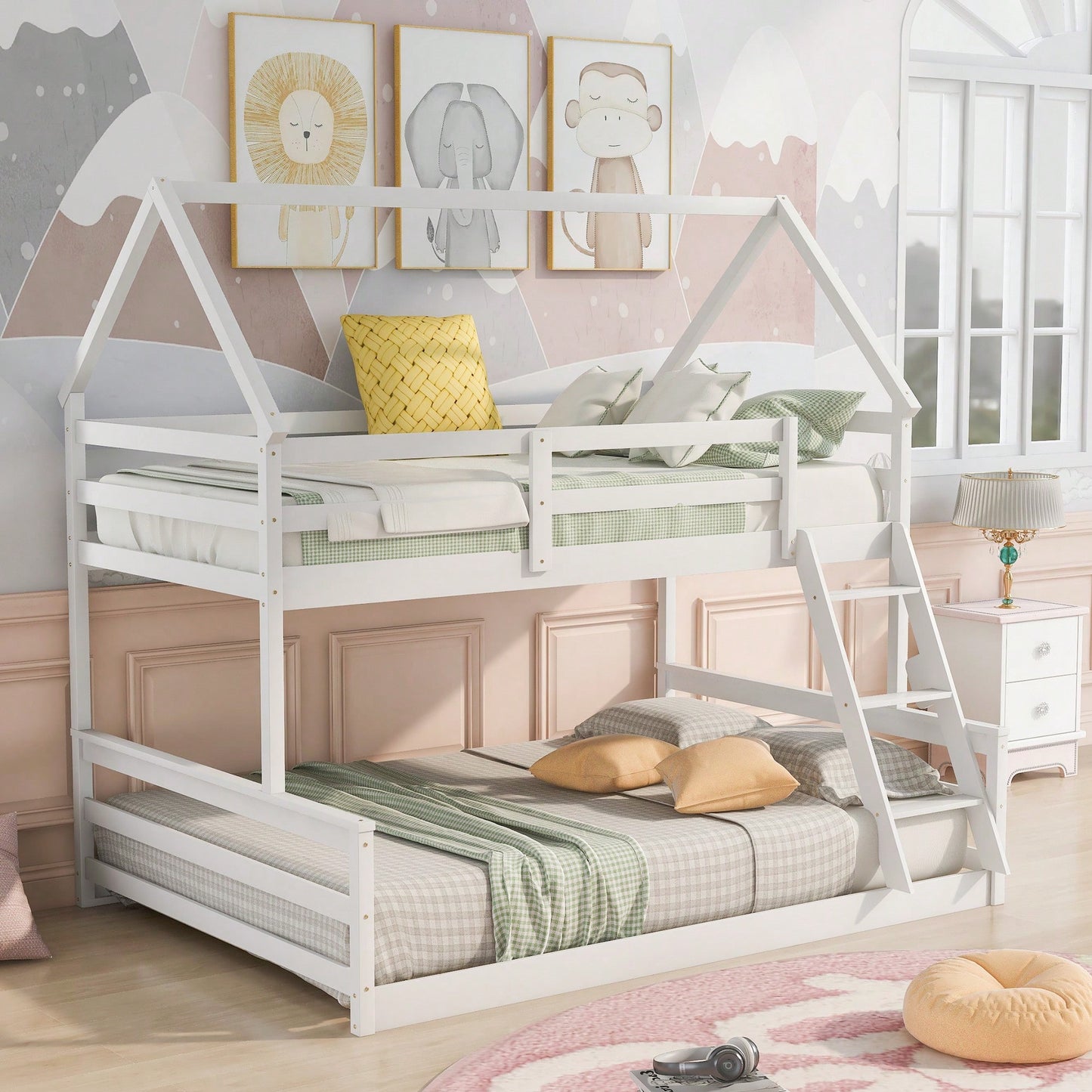 Gray Twin Over Full House Bunk Bed With Built-In Ladder For Space Saving And Stylish Bedroom Decor