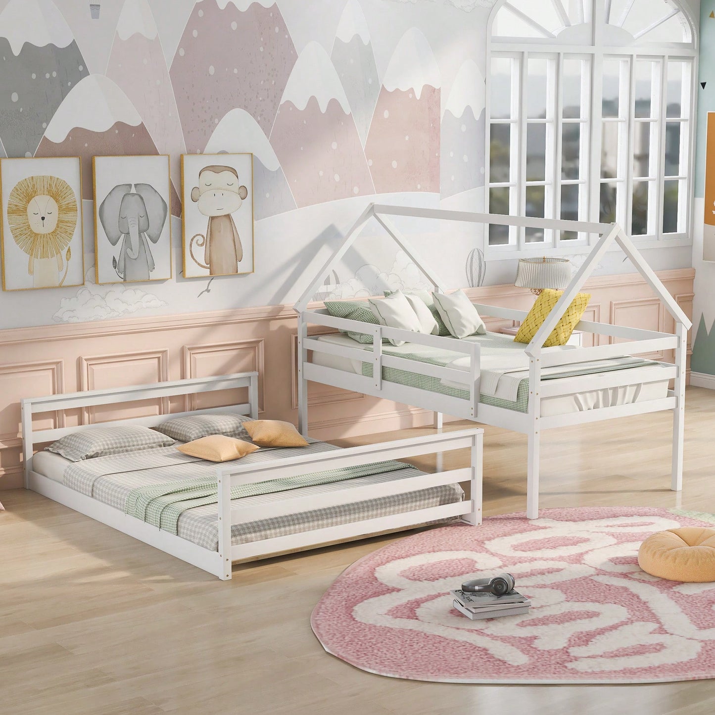 Gray Twin Over Full House Bunk Bed With Built-In Ladder For Space Saving And Stylish Bedroom Decor