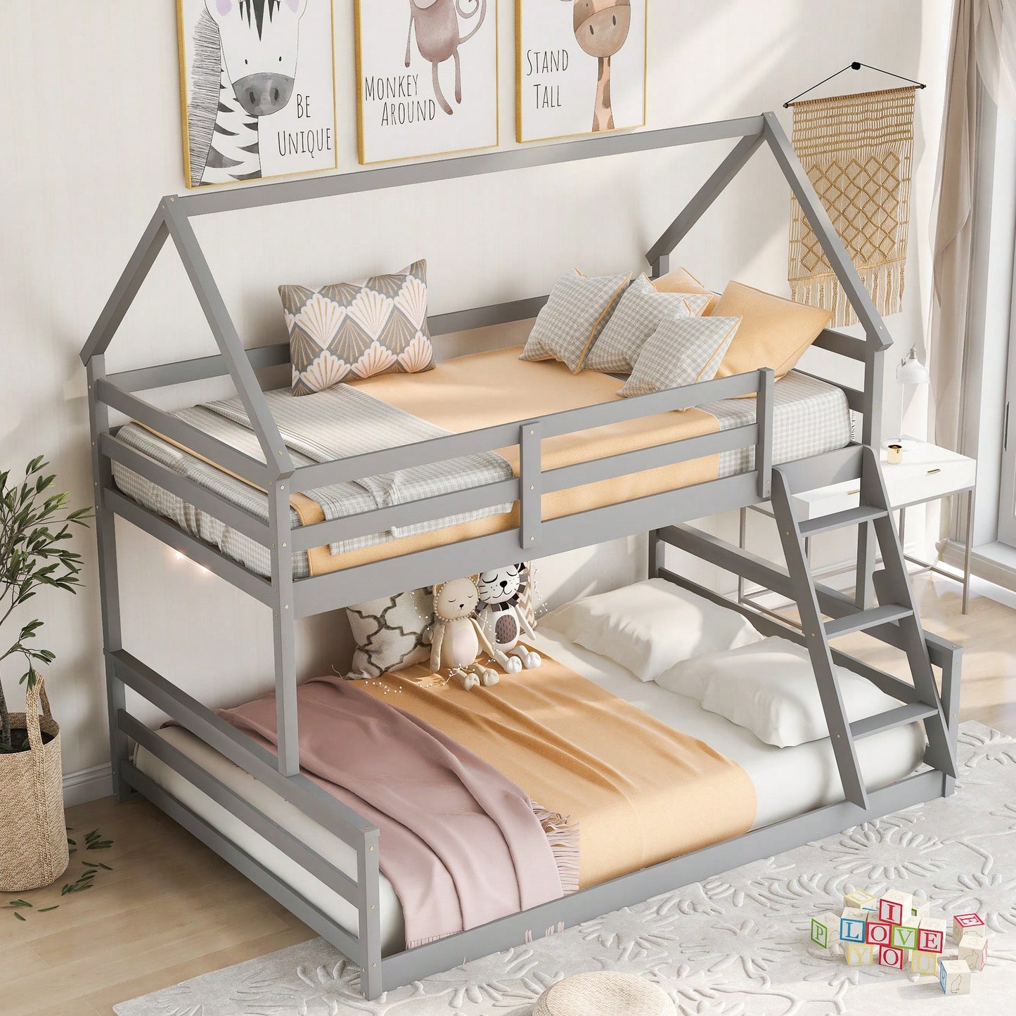 Gray Twin Over Full House Bunk Bed With Built-In Ladder For Space Saving And Stylish Bedroom Decor