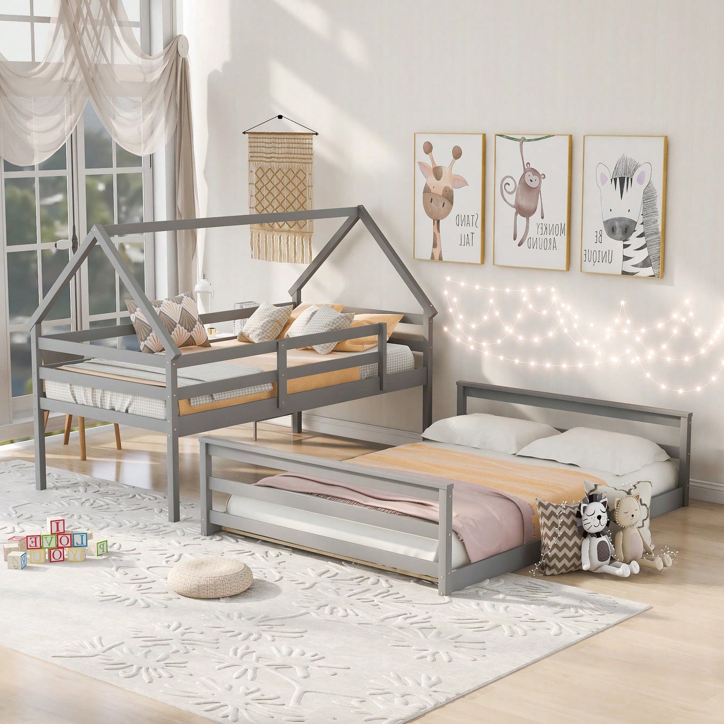 Gray Twin Over Full House Bunk Bed With Built-In Ladder For Space Saving And Stylish Bedroom Decor