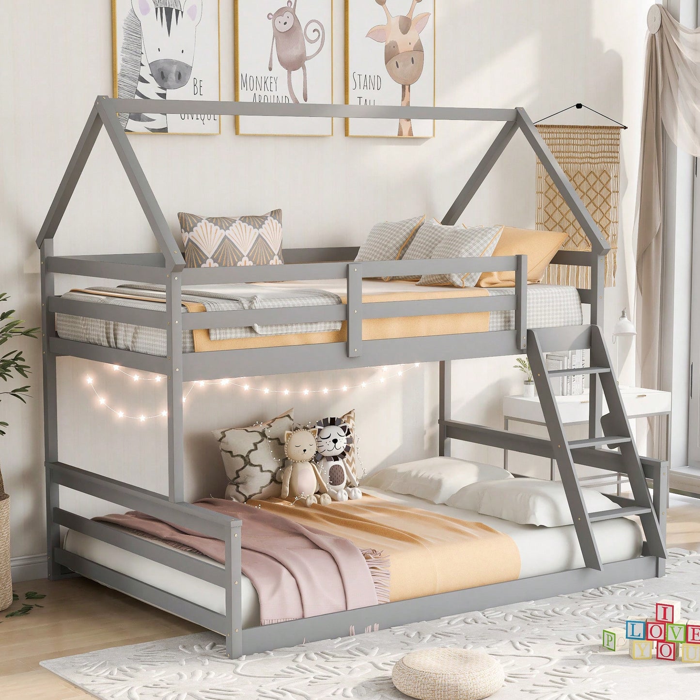 Gray Twin Over Full House Bunk Bed With Built-In Ladder For Space Saving And Stylish Bedroom Decor
