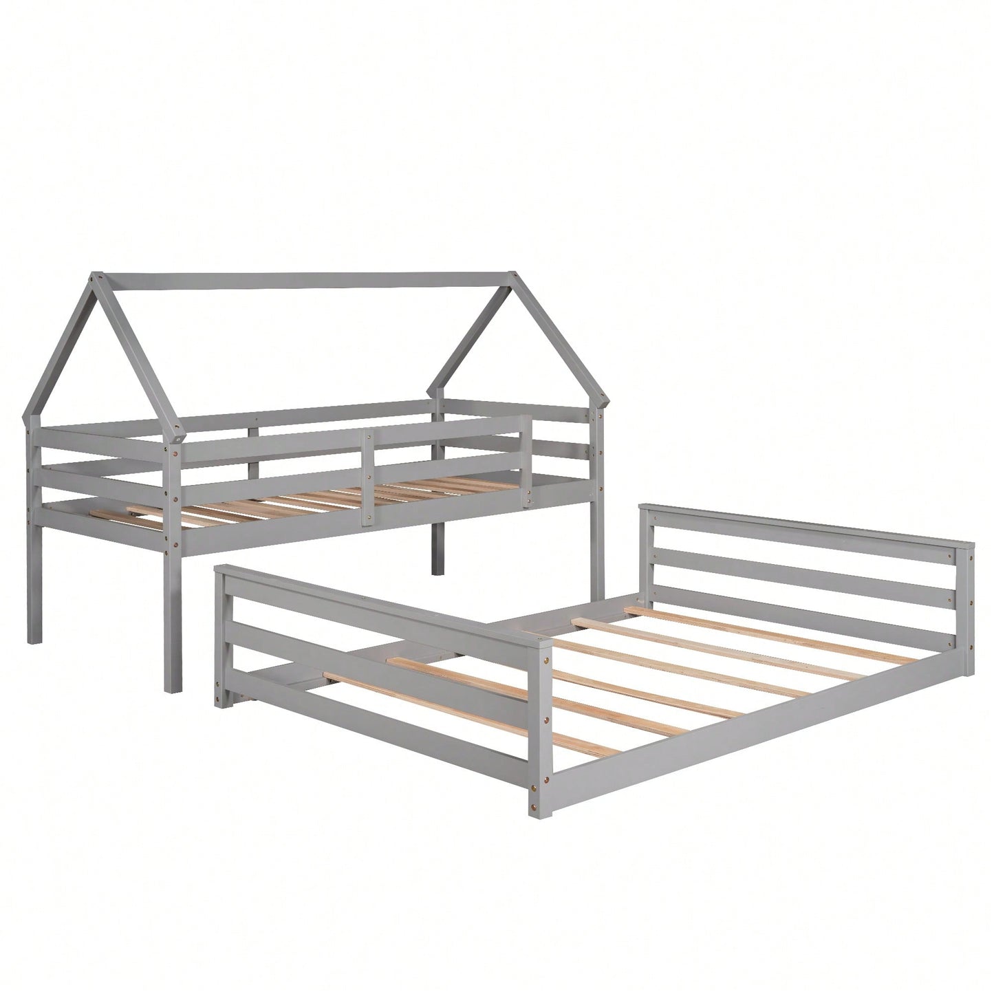Gray Twin Over Full House Bunk Bed With Built-In Ladder For Space Saving And Stylish Bedroom Decor