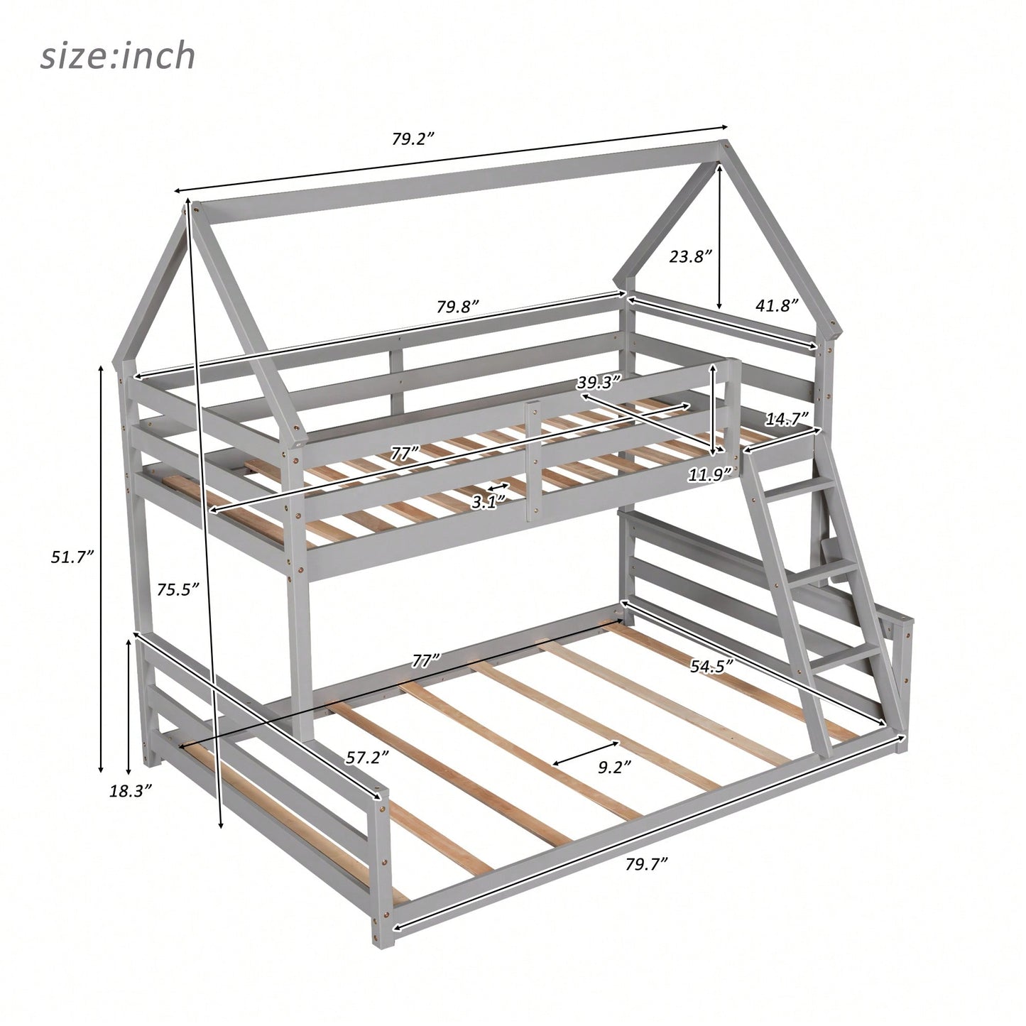 Gray Twin Over Full House Bunk Bed With Built-In Ladder For Space Saving And Stylish Bedroom Decor