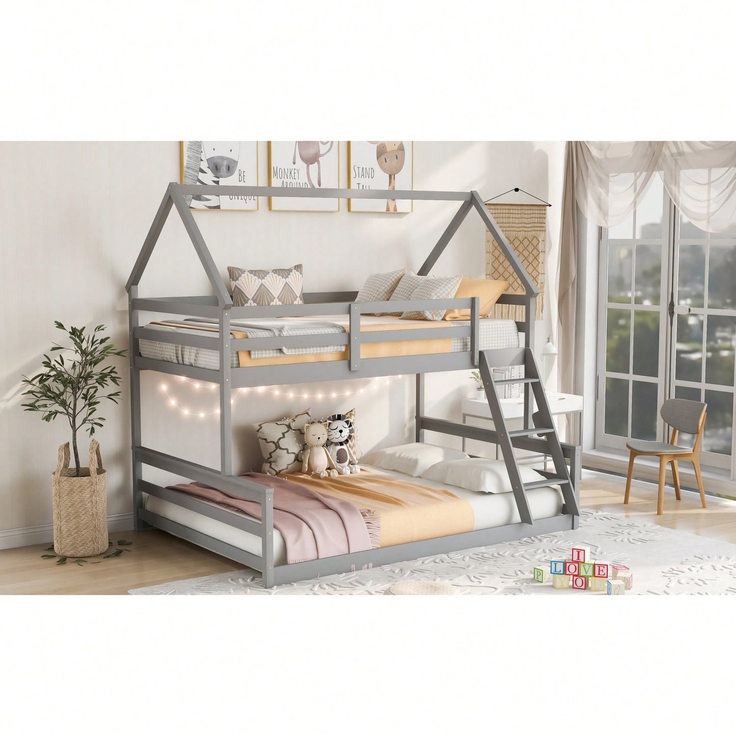 Gray Twin Over Full House Bunk Bed With Built-In Ladder For Space Saving And Stylish Bedroom Decor
