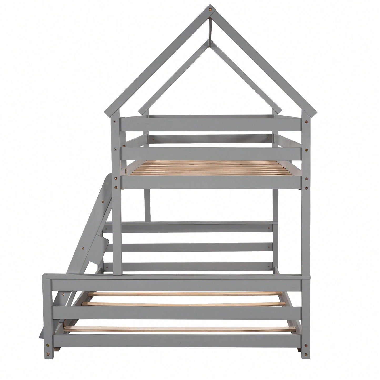 Gray Twin Over Full House Bunk Bed With Built-In Ladder For Space Saving And Stylish Bedroom Decor