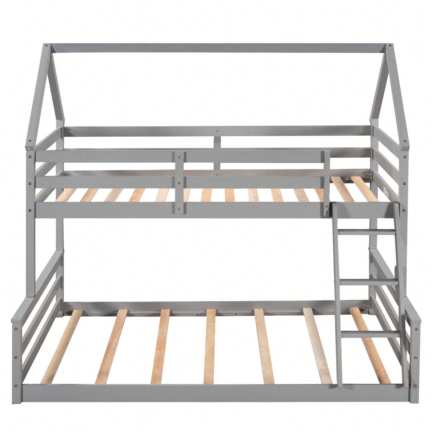 Gray Twin Over Full House Bunk Bed With Built-In Ladder For Space Saving And Stylish Bedroom Decor
