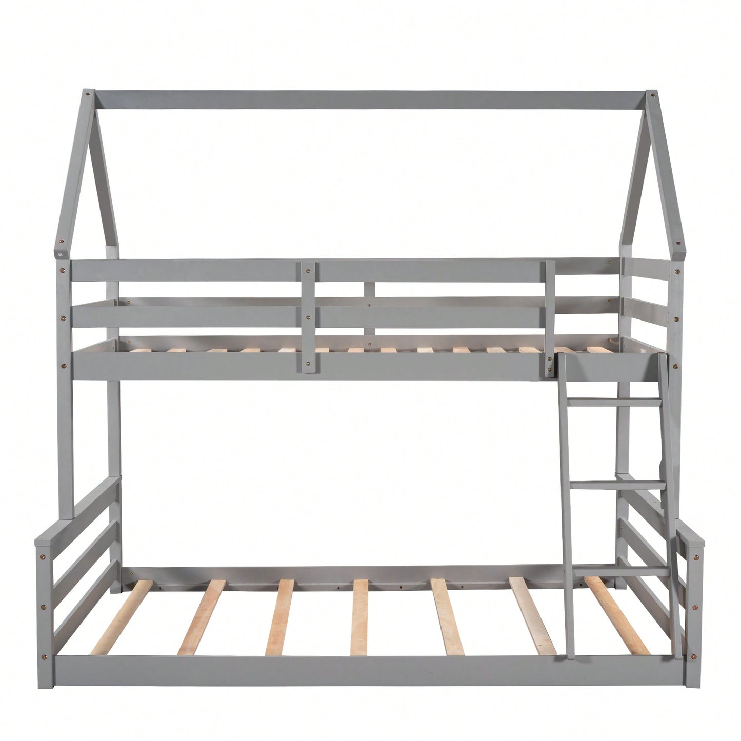 Gray Twin Over Full House Bunk Bed With Built-In Ladder For Space Saving And Stylish Bedroom Decor