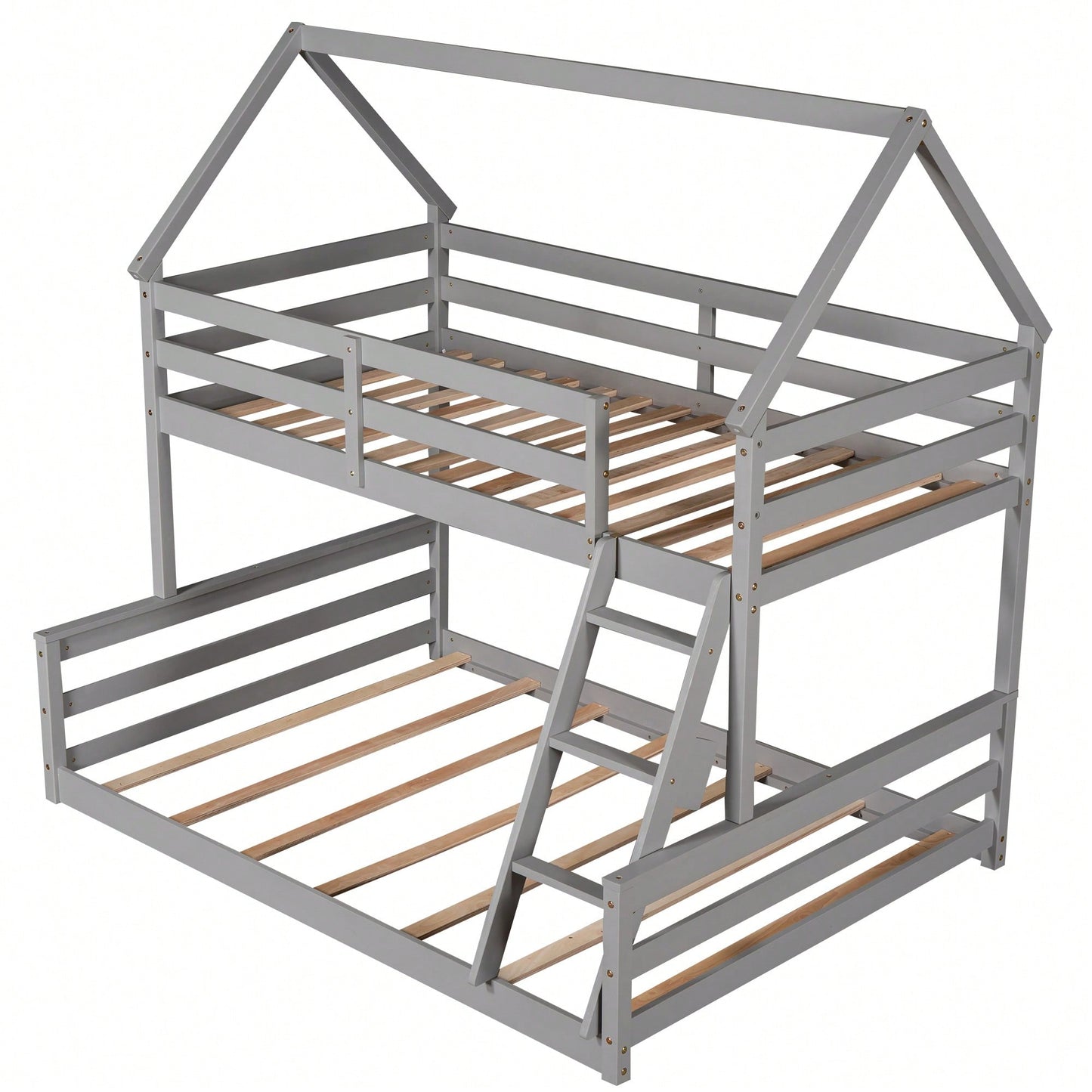 Gray Twin Over Full House Bunk Bed With Built-In Ladder For Space Saving And Stylish Bedroom Decor