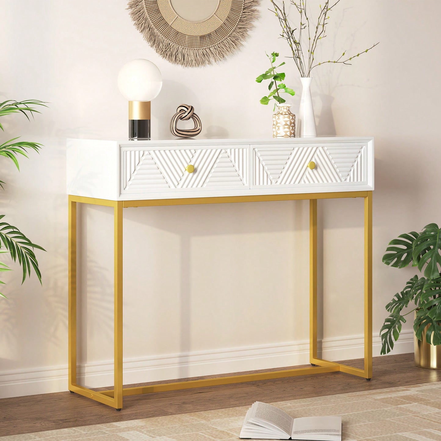 Sleek Modern Console Table With Two Drawers And Stripe Design For Living Room And Entryway In Black