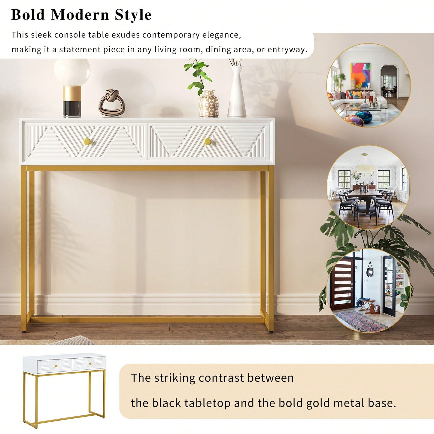 Sleek Modern Console Table With Two Drawers And Stripe Design For Living Room And Entryway In Black