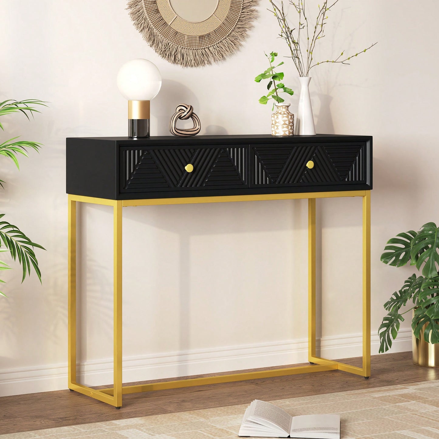 Sleek Modern Console Table With Two Drawers And Stripe Design For Living Room And Entryway In Black