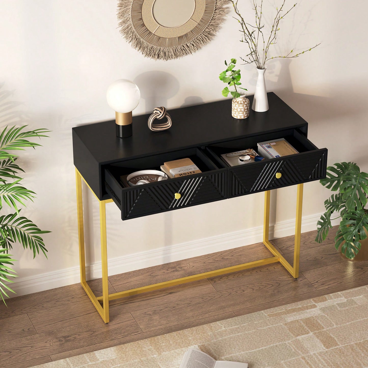 Sleek Modern Console Table With Two Drawers And Stripe Design For Living Room And Entryway In Black