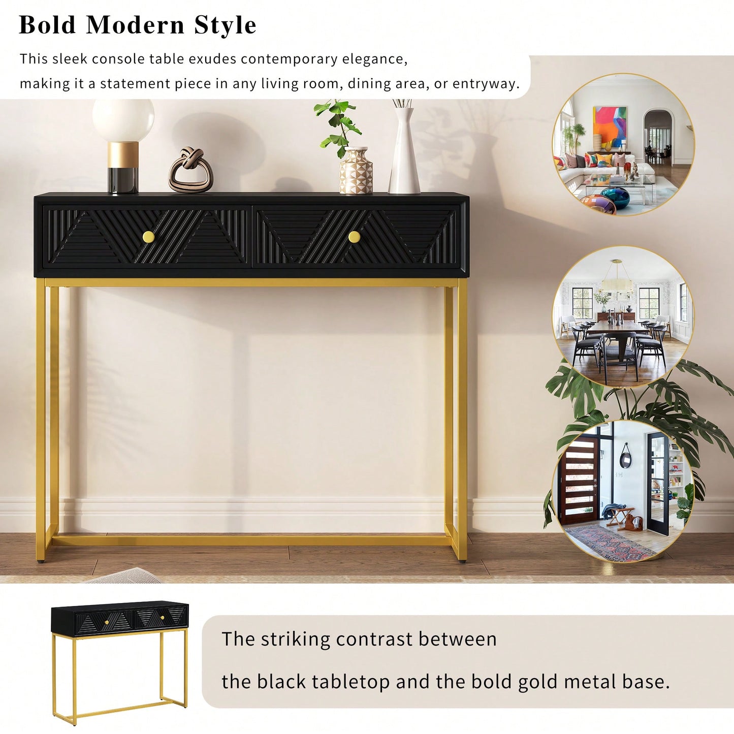 Sleek Modern Console Table With Two Drawers And Stripe Design For Living Room And Entryway In Black