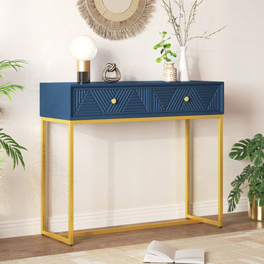 Sleek Modern Console Table With Two Drawers And Stripe Design For Living Room And Entryway In Black